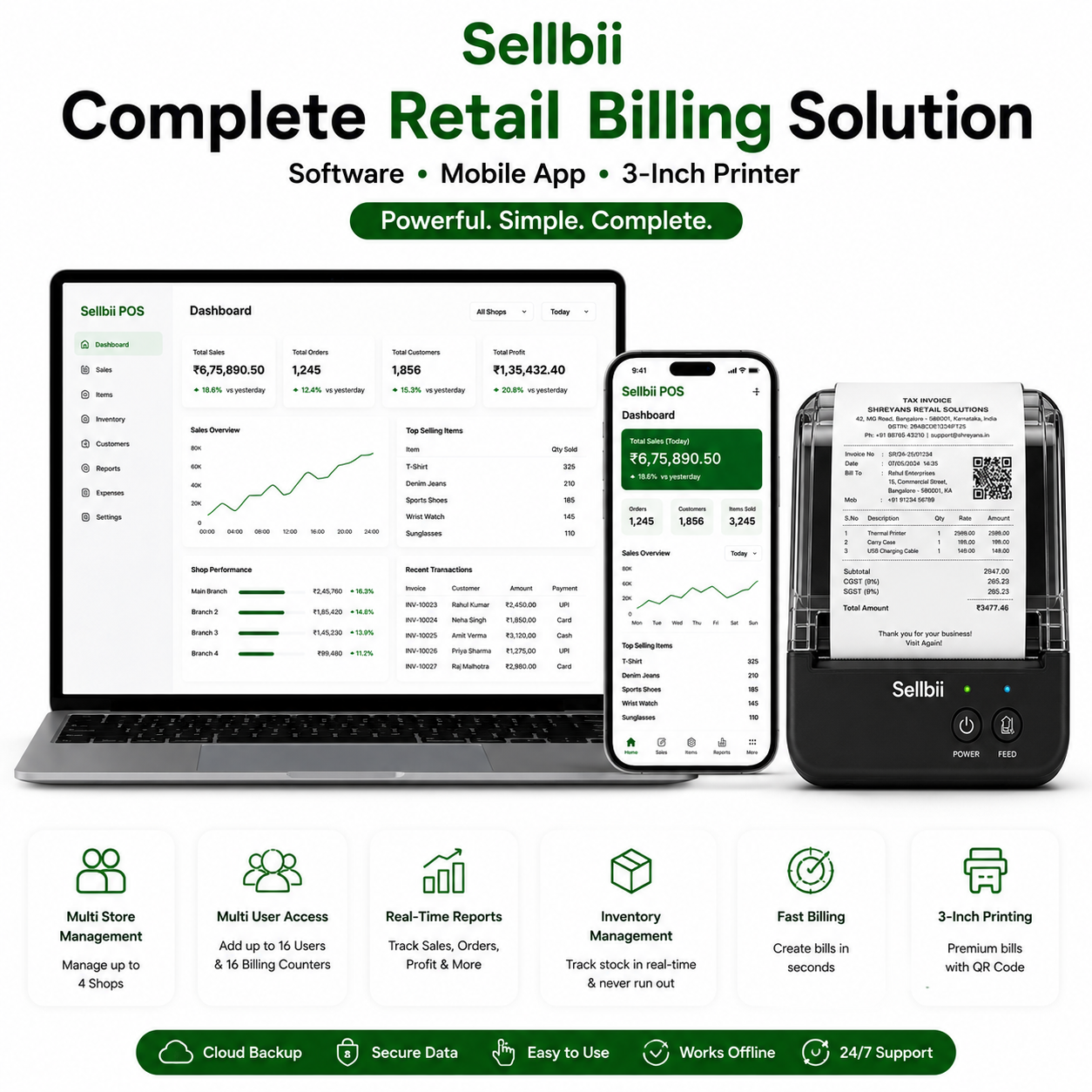 Multi Store Billing Software with Mobile App & 3-Inch Bluetooth Printer | Sellbii POS Gold