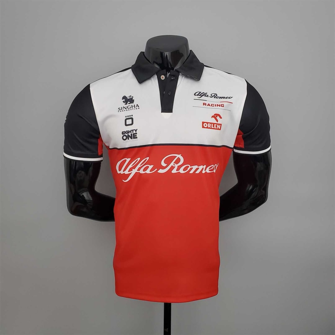 Camisa polo Alfa Romeo vermelha, branca e preta, foto 1