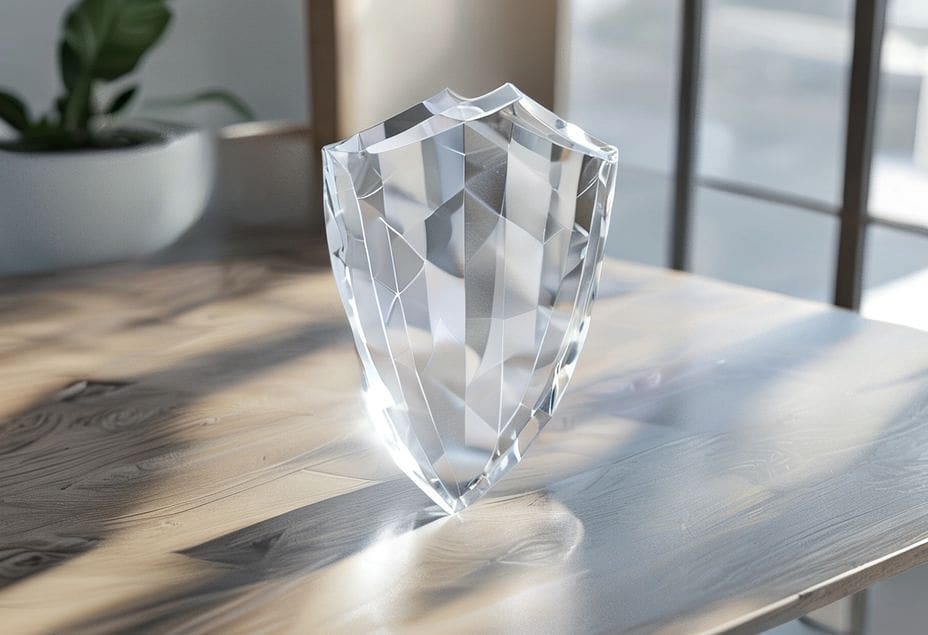 A crystal shield symbolizing protection and transparency.