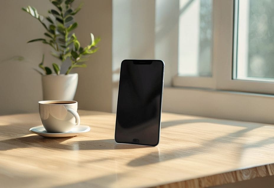 A smartphone and coffee cup on a clean table.