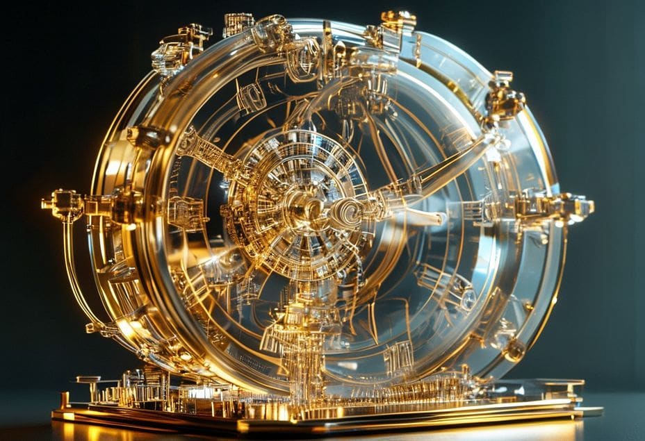 A complex marble gear system illustrates the structural friction inherent in the SEC regulatory machine.
