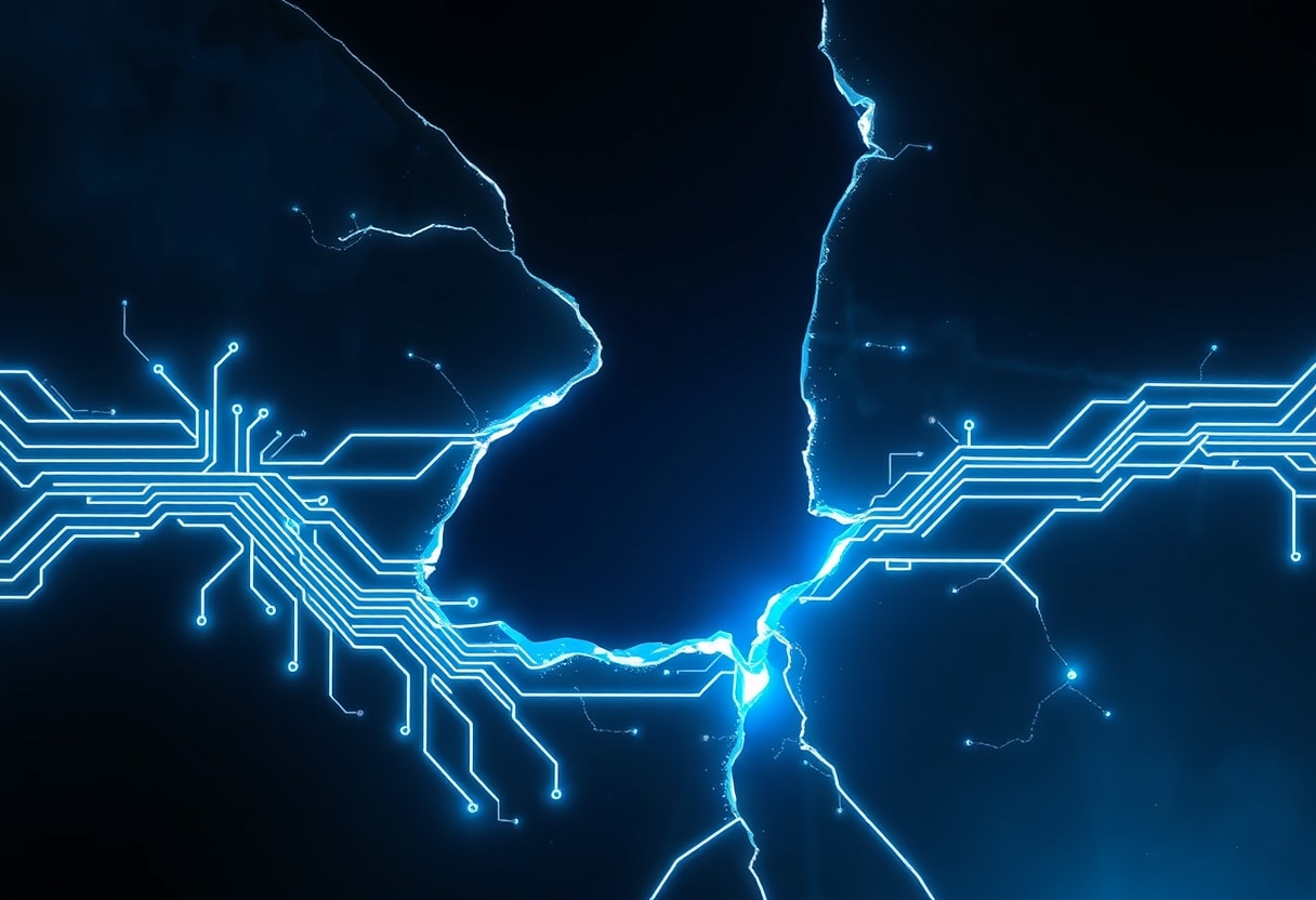 Neon circuitry fracturing across a glass barrier symbolizes the compromised Step Finance security perimeter.