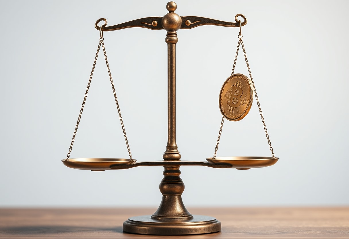 A luminous gold bar overshadows a darkening digital coin symbol in this visual market divergence.