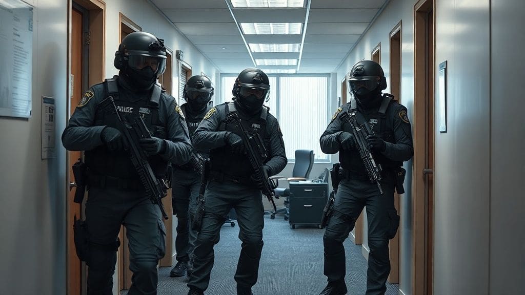 Bomb squads sweeping office spaces for explosive devices.