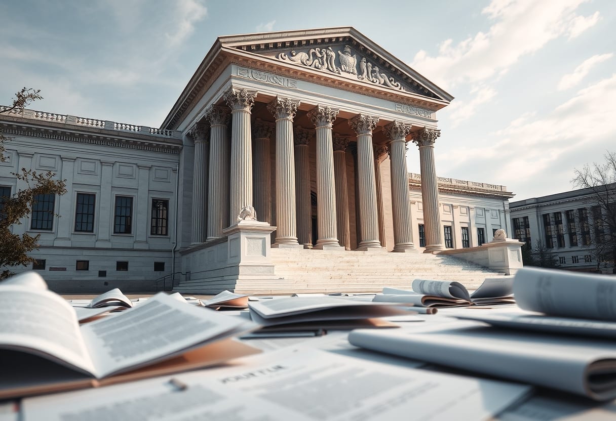 US federal courthouse with legal documents, representing jurisdictional context.