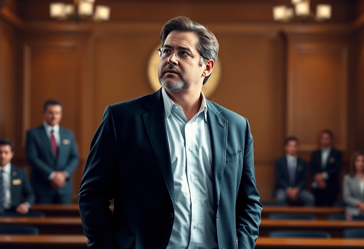 Businessman in front of a courtroom, exuding confidence after a legal victory.