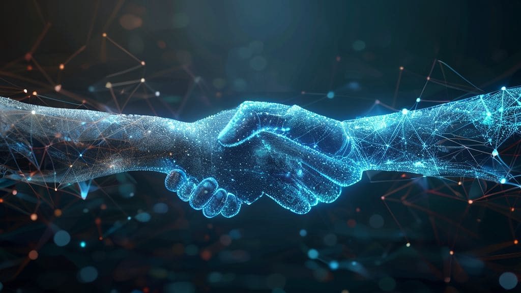 Connecting entities, Bitfarms engaging in a secure digital handshake with the Sympatheia Power Fund.