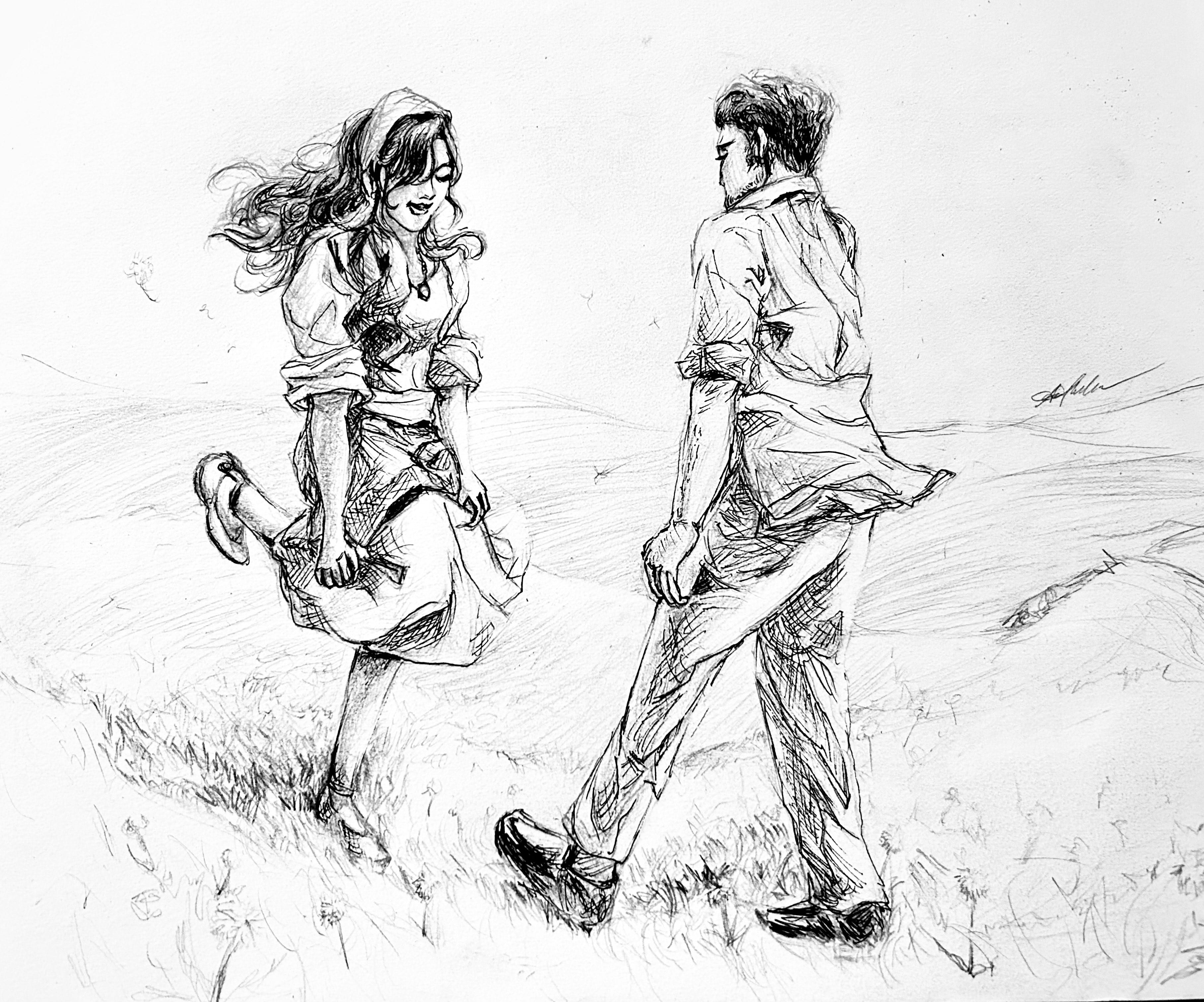 Reference-inspired pencil sketch of a man and lady meeting in a grass field.