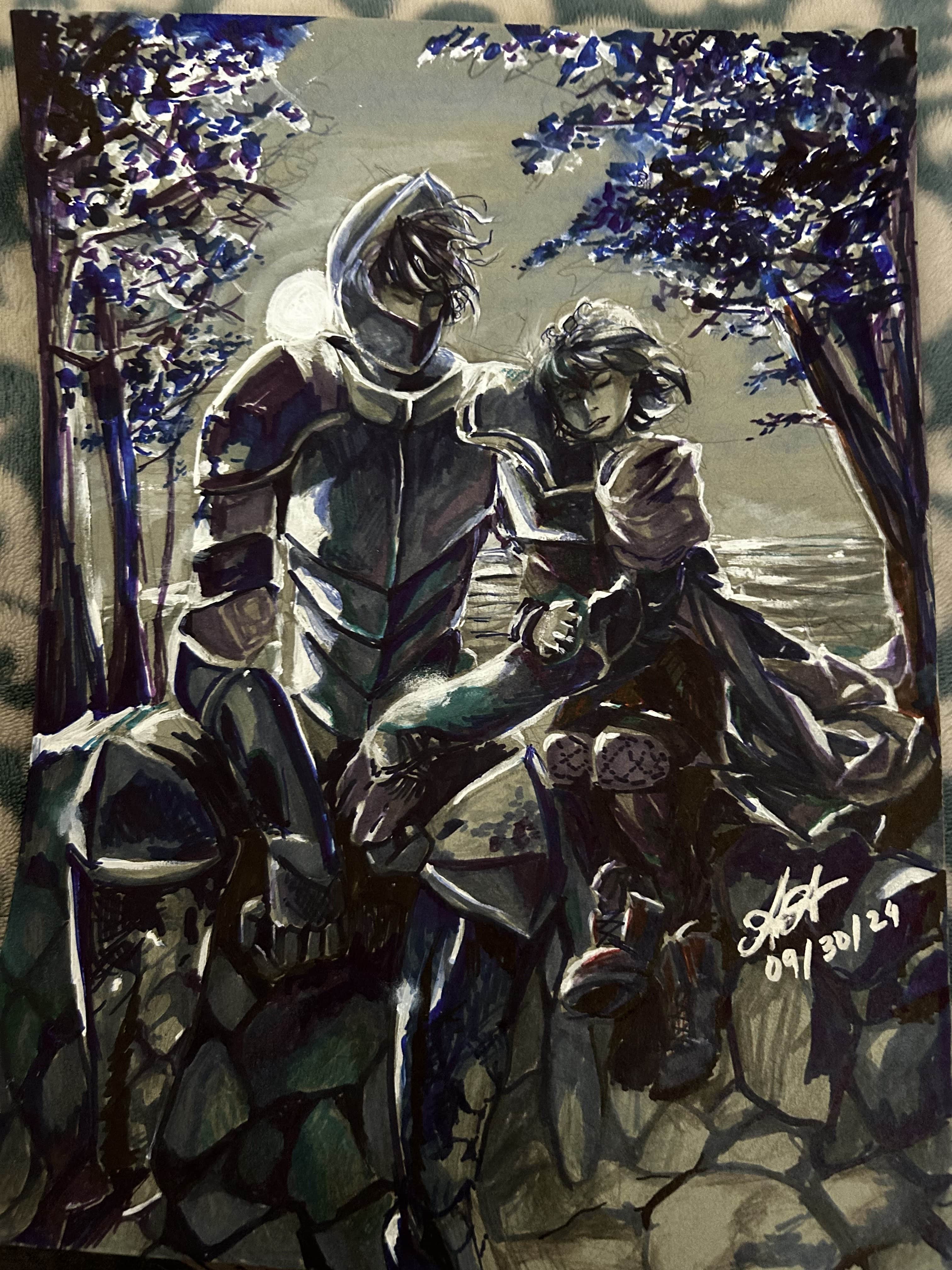 Dramatic rendering of an armored knight and lady huddling on a stone bridge by the platinum sea, inspired by my favorite dishsoap.