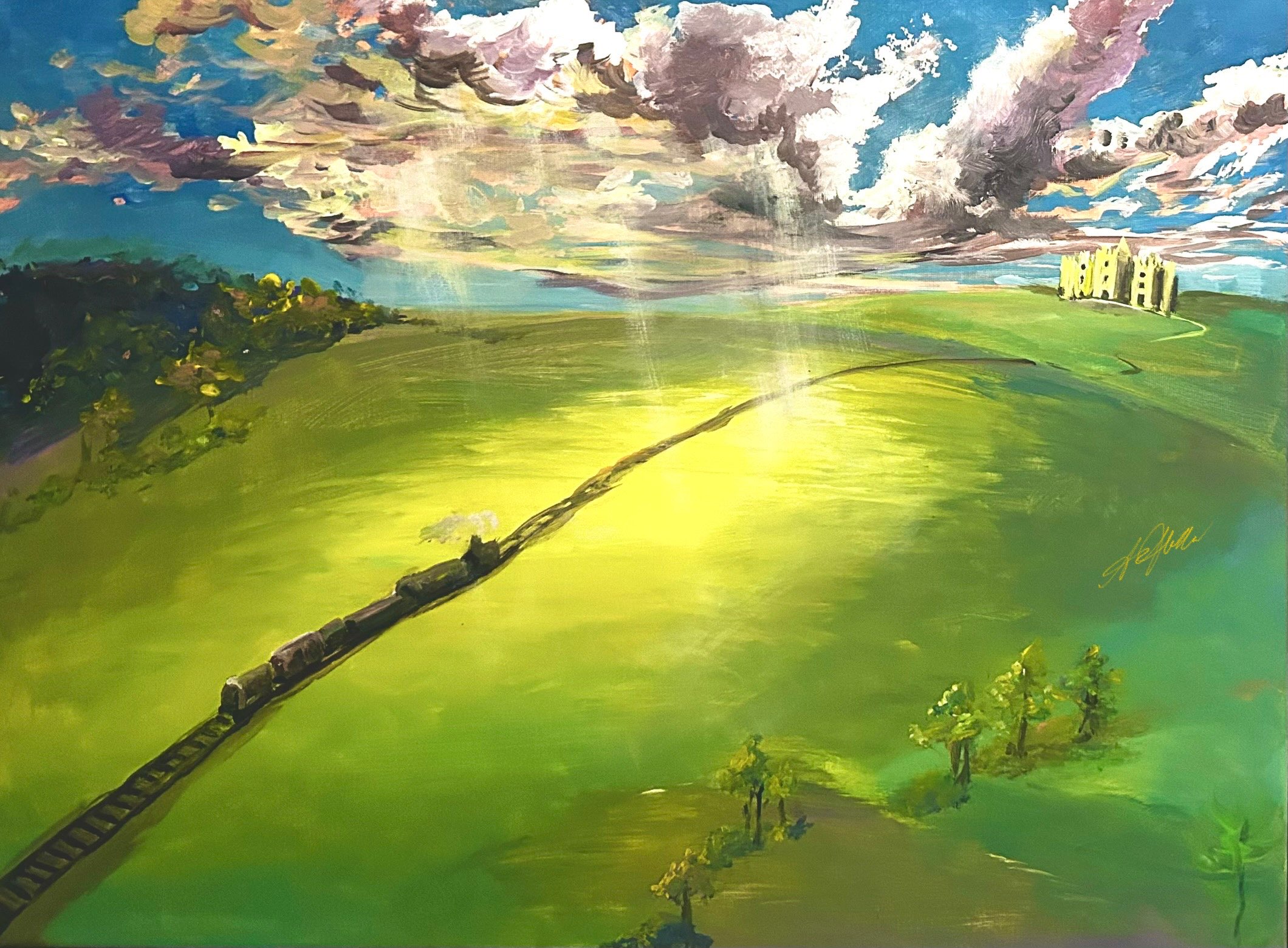 A steam train traverses lush and vibrant green hills towards a golden castle in the distance. Clouds overhead disperse and highlights the path with soft, golden sunlight.