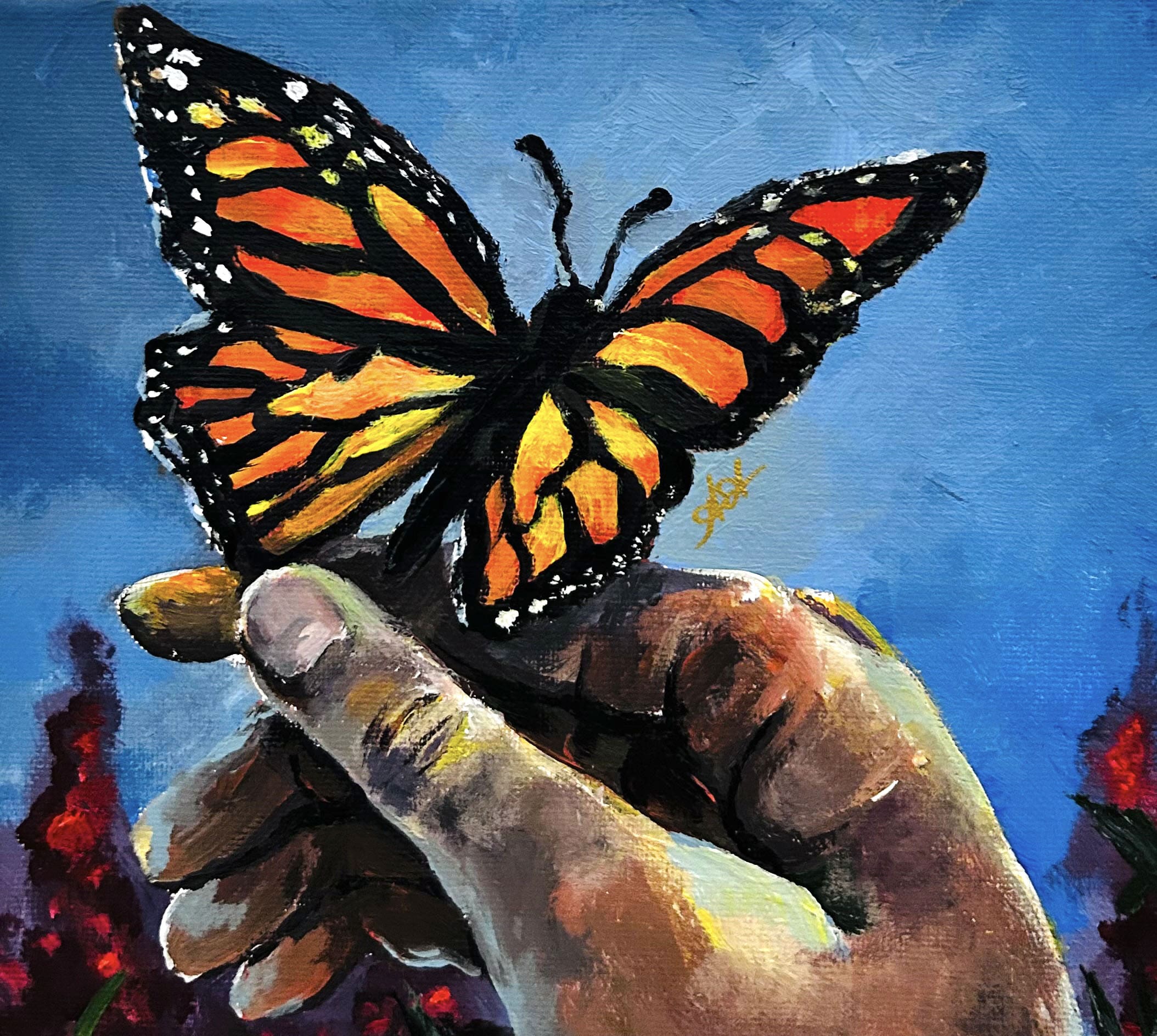 Statement painting of a hand gently offering a landing for a monarch butterfly. Reference-inspired from the Paradox game, Crusader Kings 3.