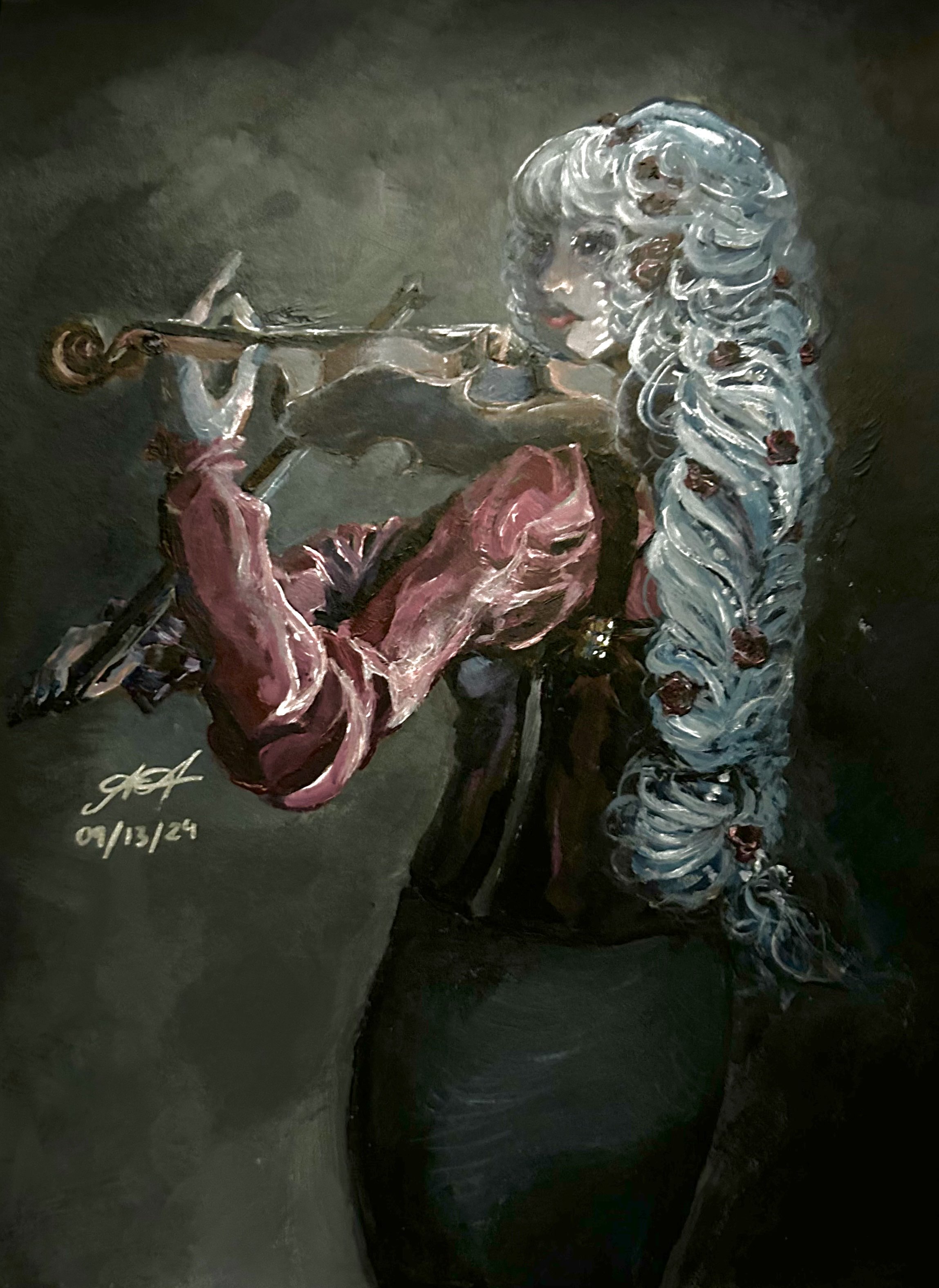 A white-haired damsel with braided hair strewn with roses bears a violin, delivering a performance while enveloped by stage fog.