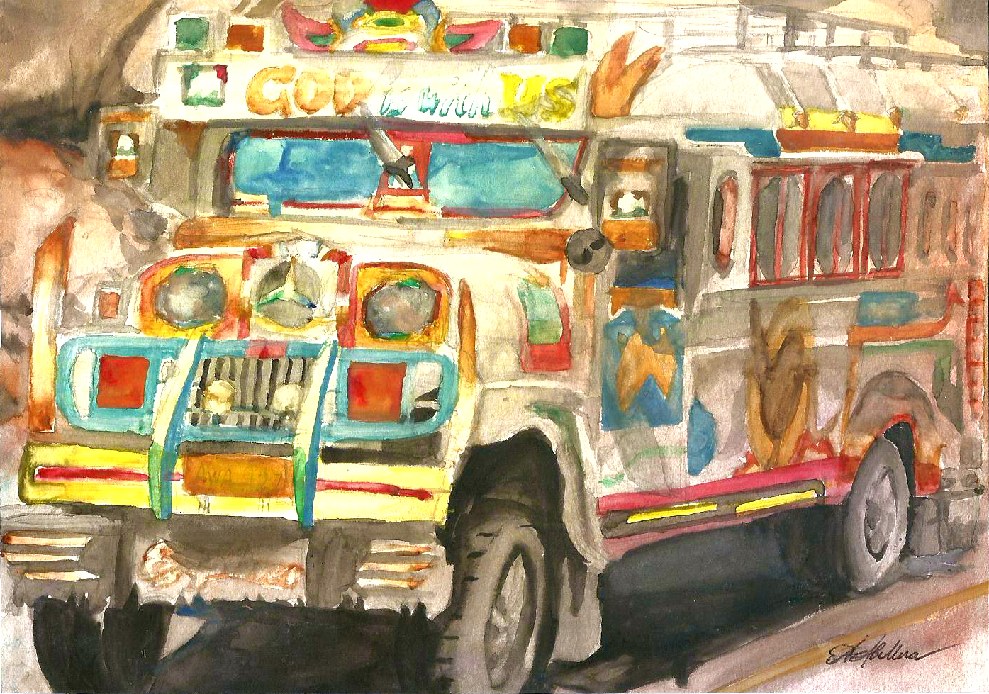 A staple public commuter vehicle in the Philippines. Jeepney owners vividly embellish their vehicles with paintings and decals, the painting had one that says 'God with us'.