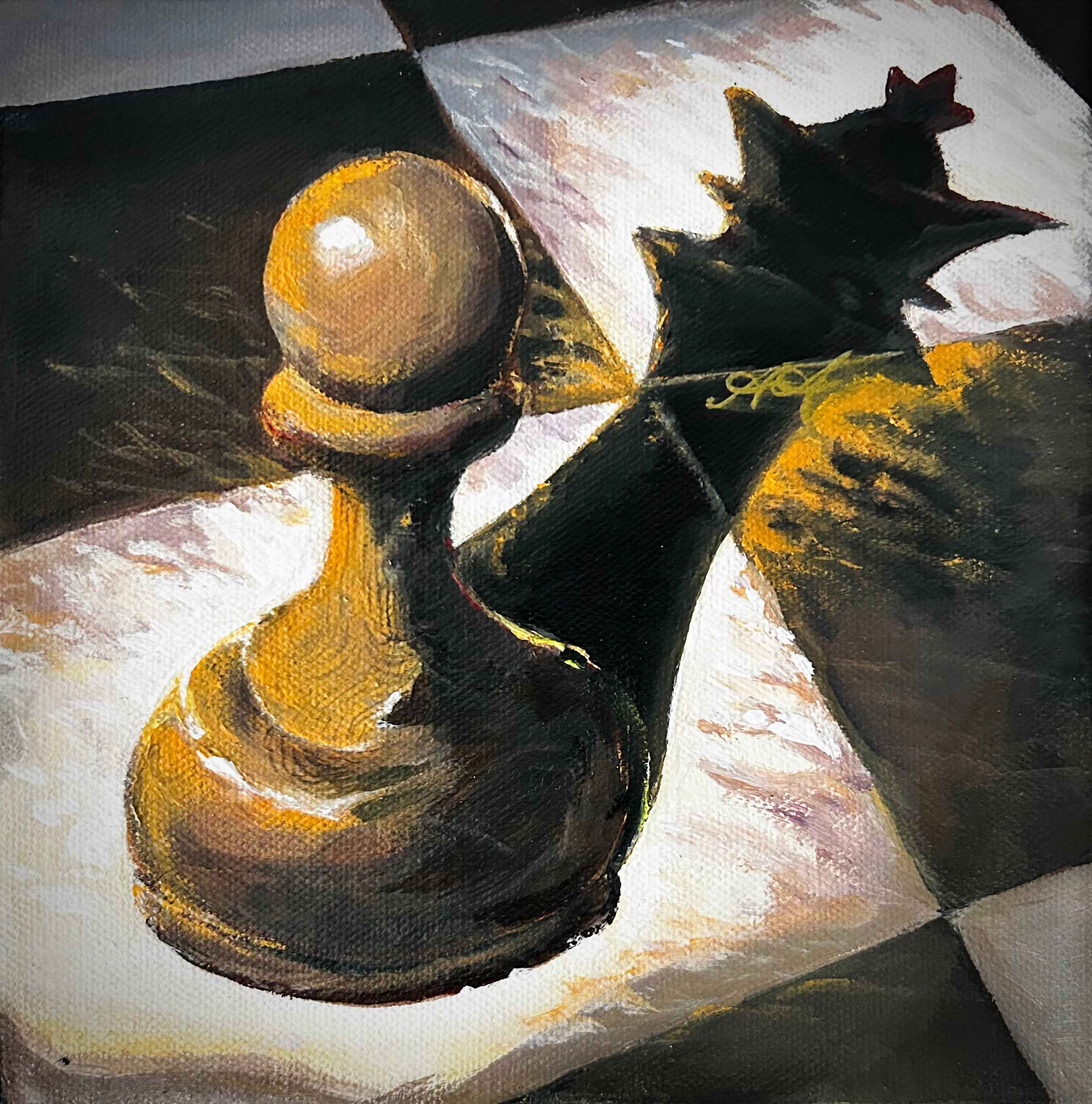 Statement painting of a pawn chess piece with a shadow that wears a queen's crown. Reference-inspired from the Paradox game, Crusader Kings 3.
