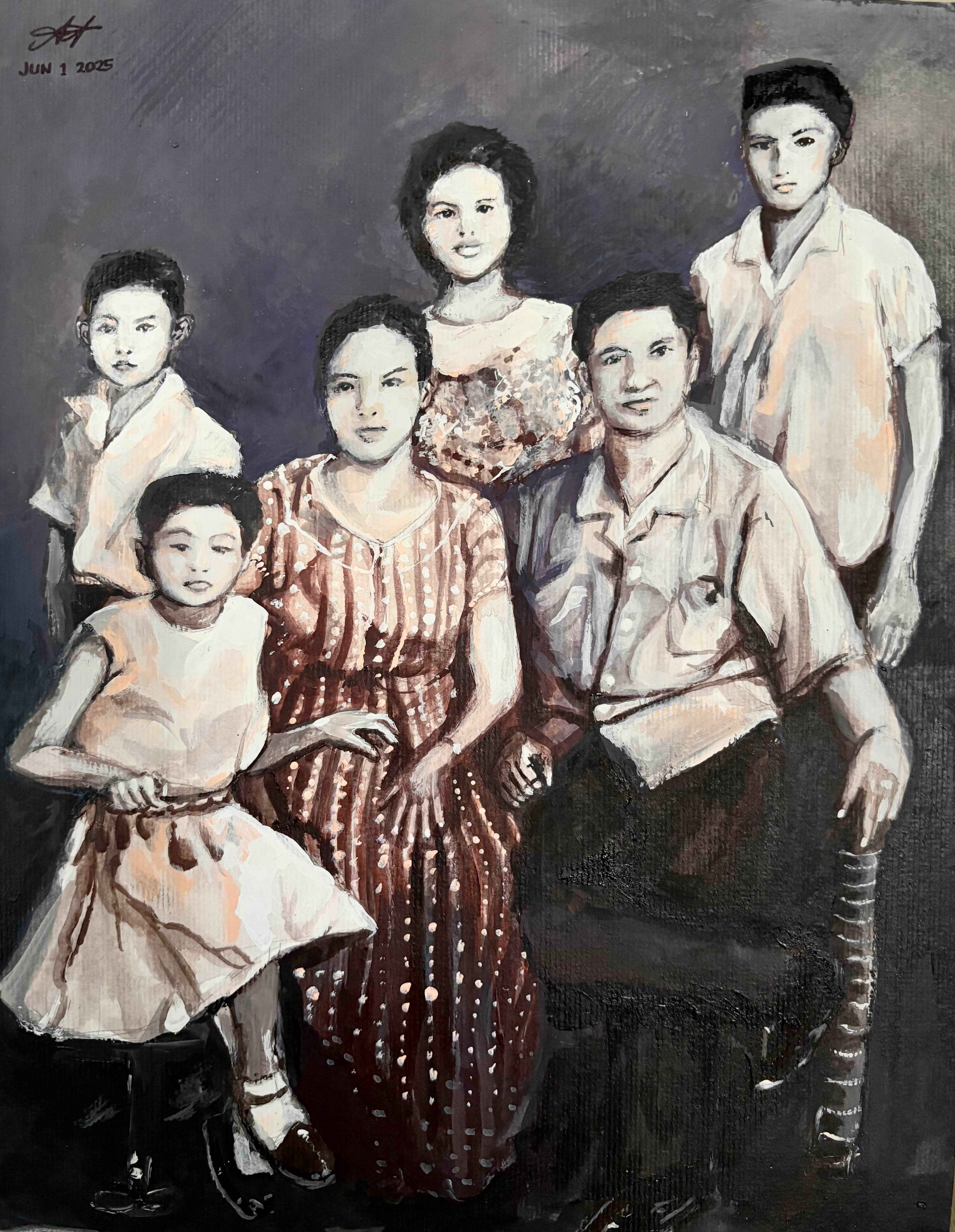 Painted revivification of the patron's picture with her late family featuring six people.