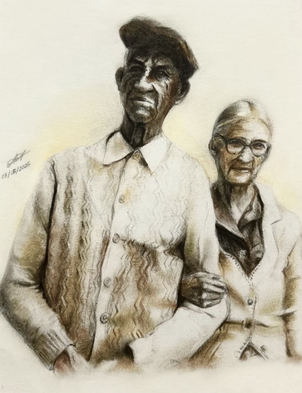 Revivification of an old photo of a patron's grandparents, sketched with vintage sepia colors.