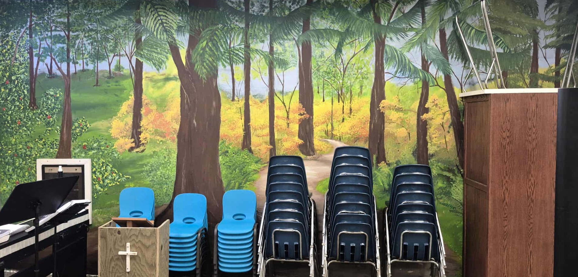 Collaborative mural done on a wall in the BBC Basement.