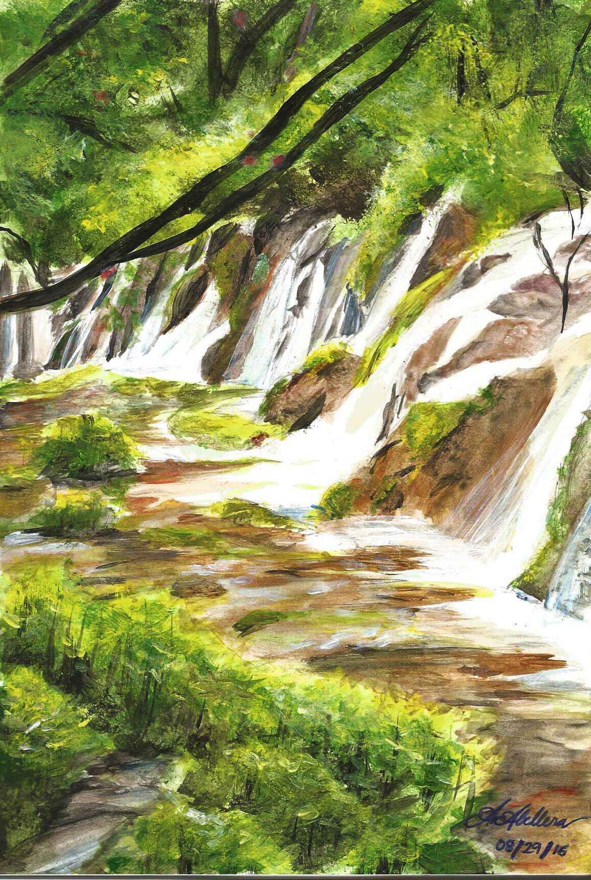 Scene of waterfalls merging to a stream in China's Jiuzhaigou valley, inspired by an image in a National Geographic magazine.