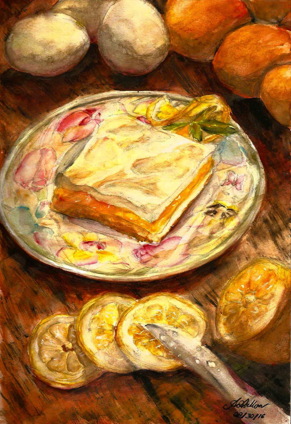 A square pie slice with lemon filling sits on top of a ceramic plate, adjacent to rows of whole eggs, oranges, and lemon slices.