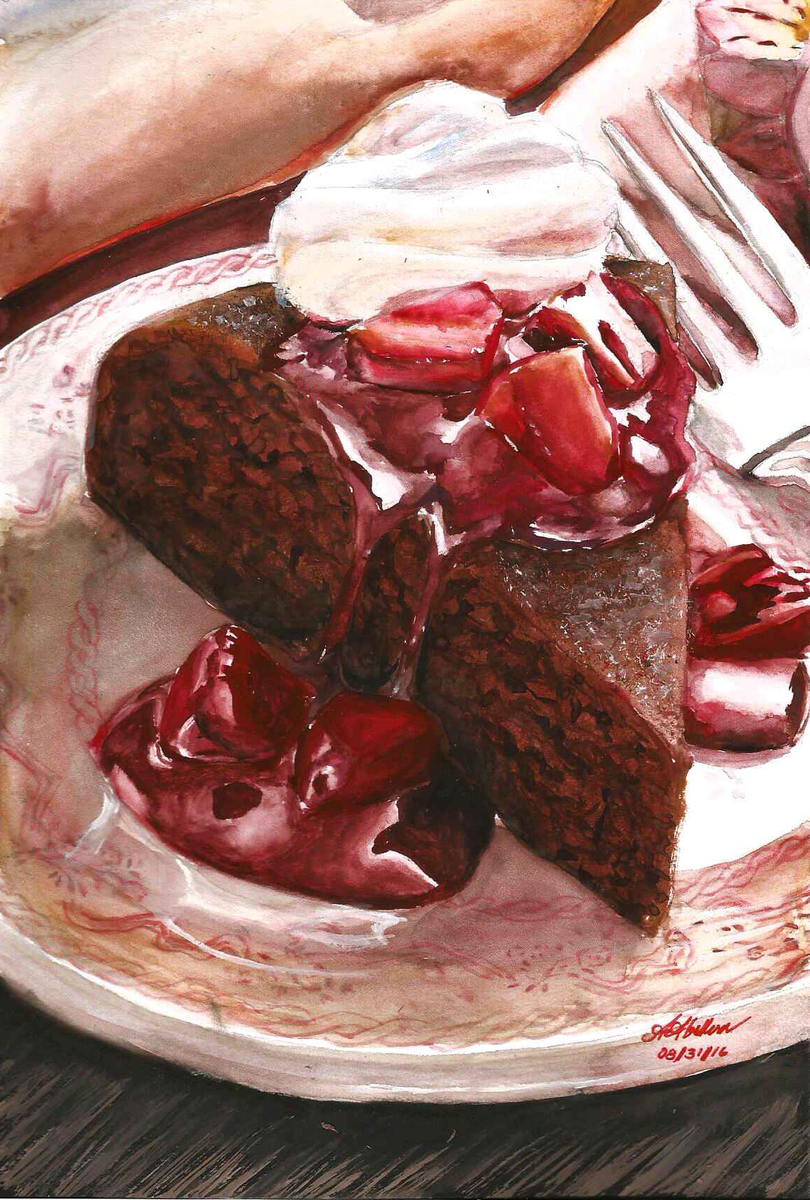 A triangular slice of dark gingerbread cake topped with chocolate sauce, strawberries, and whipped cream.