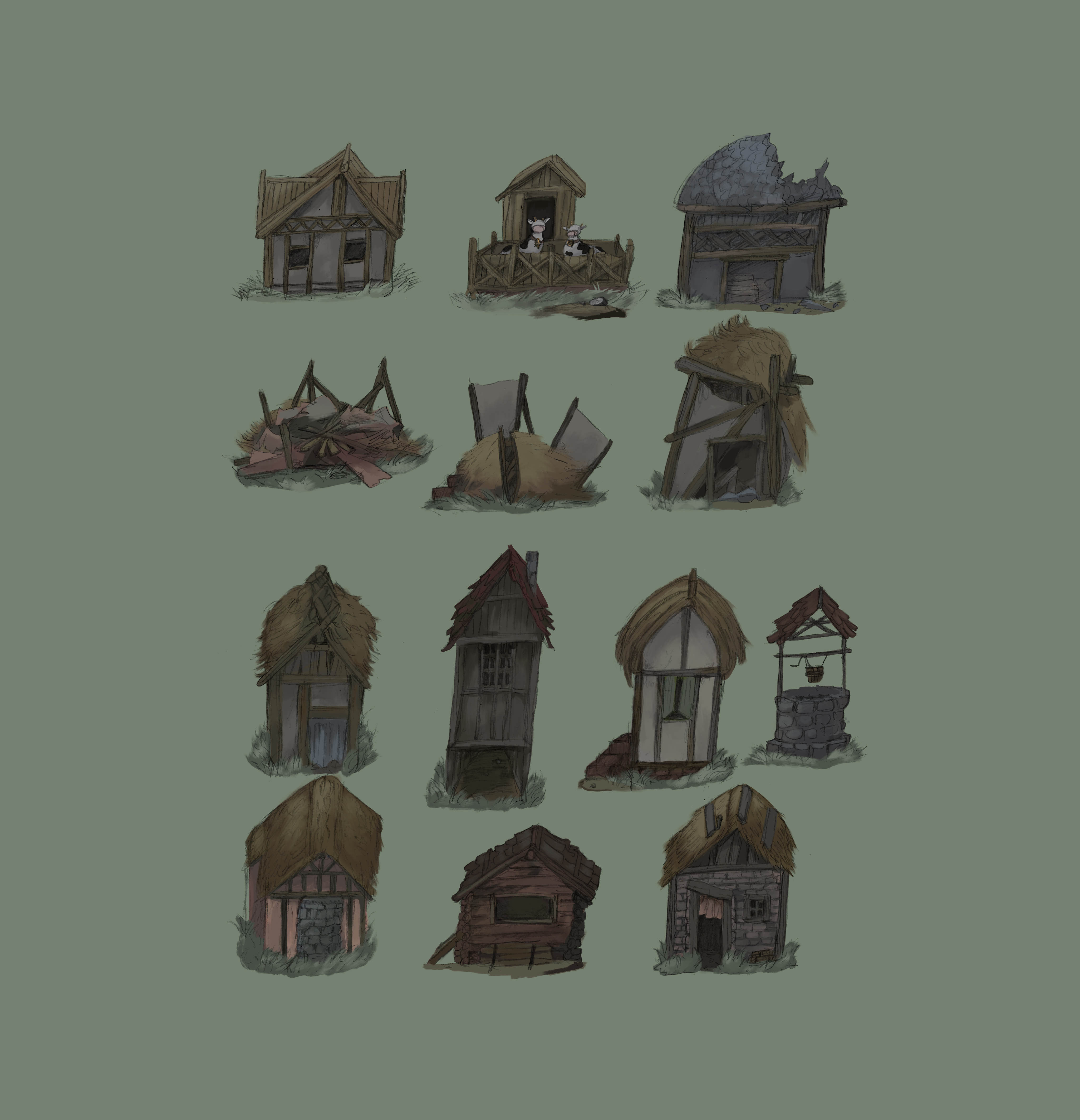Handsketched farm house assets inspired from pioneer sites in Manitoba, then colored digitally.