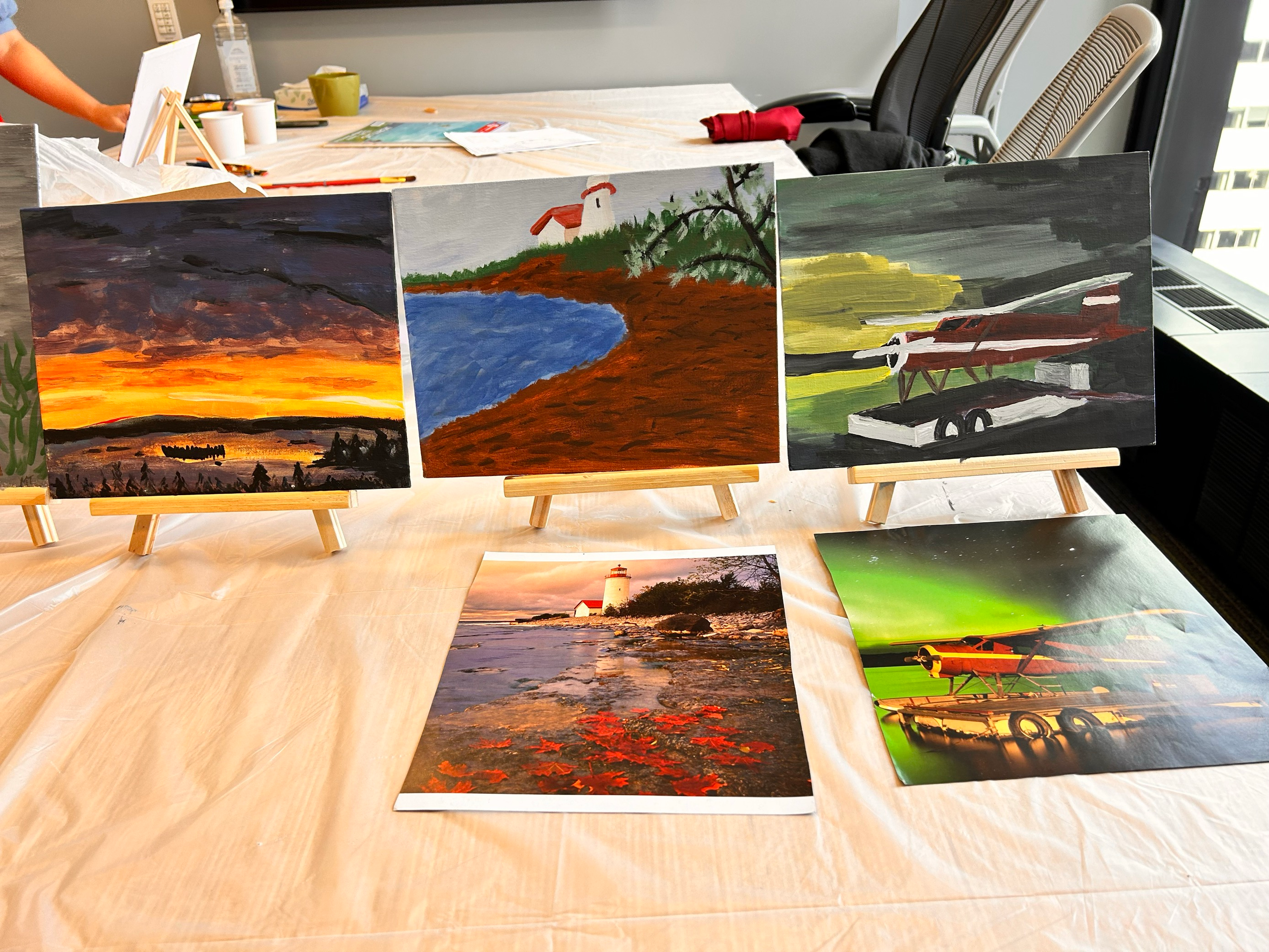 A set of finished paintings of Canadian-inspired landscapes and objects.