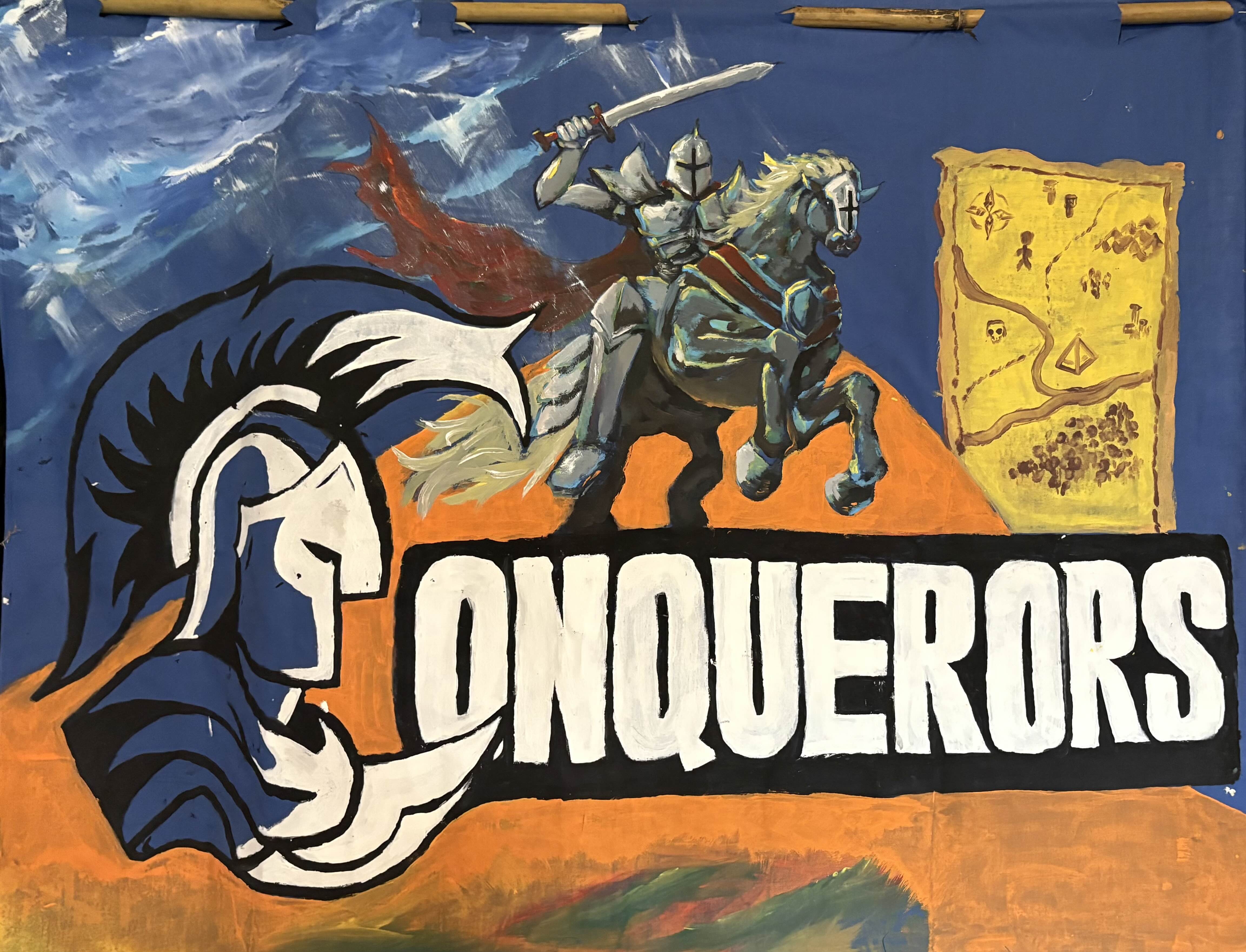 A banner created for our church family camp 2025. Bold text with a spartan logo appears in the forground and a mounted knight raising a sword embellishes the background, signifying victory.
