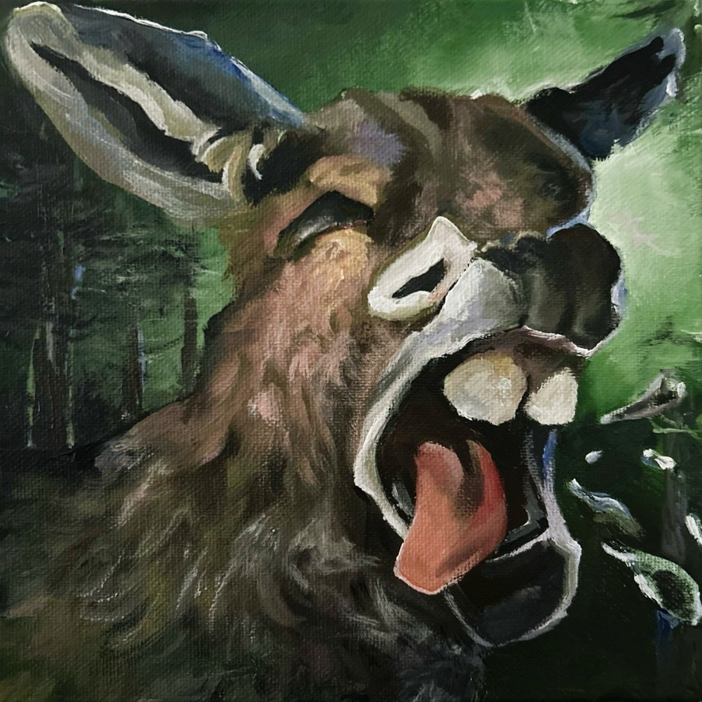 Statement painting of a stubborn mule's resistant expression in a vibrant, forest green backdrop. Reference-inspired from the Paradox game, Crusader Kings 3.