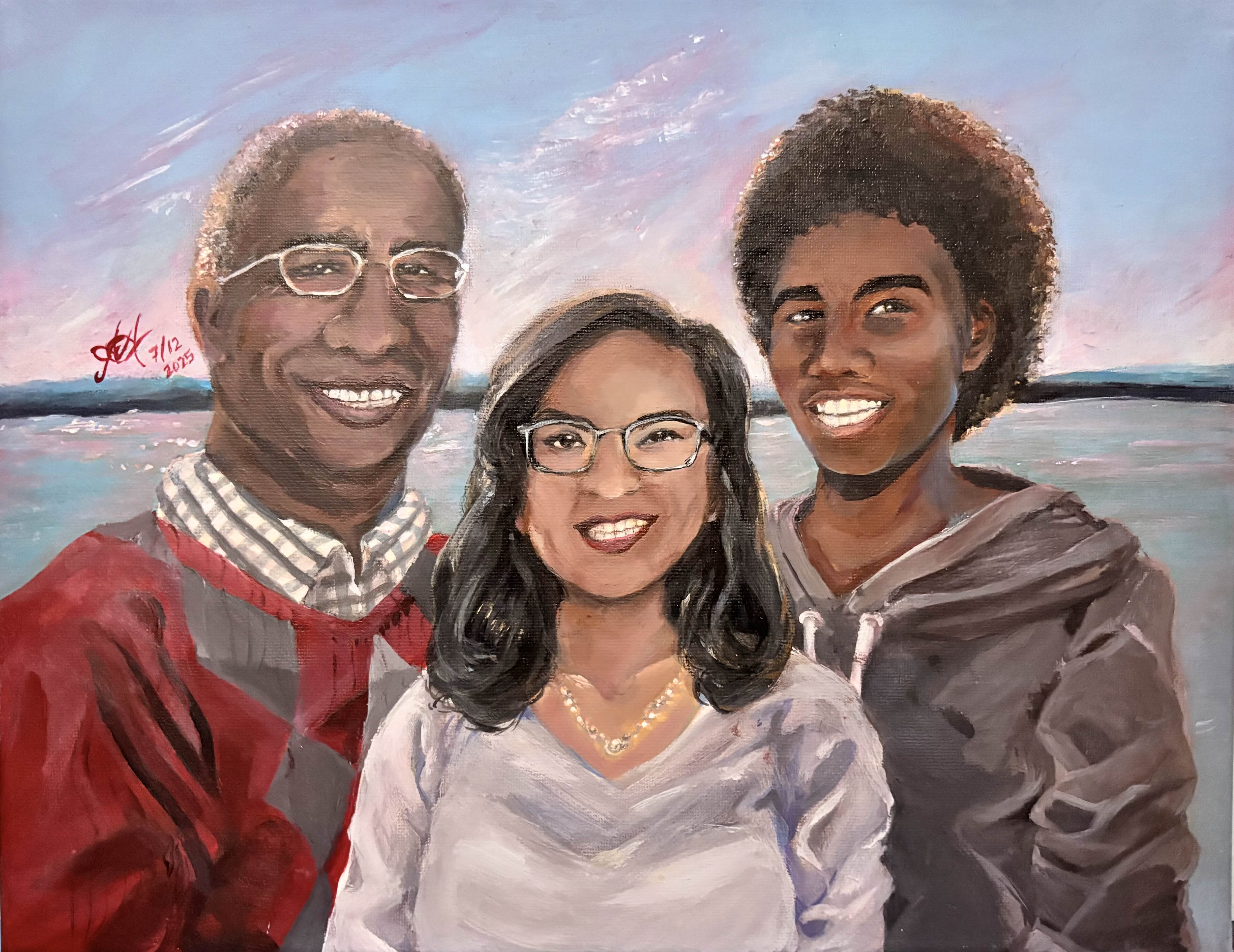 Full-color and scenic acrylic painting of a family of three.