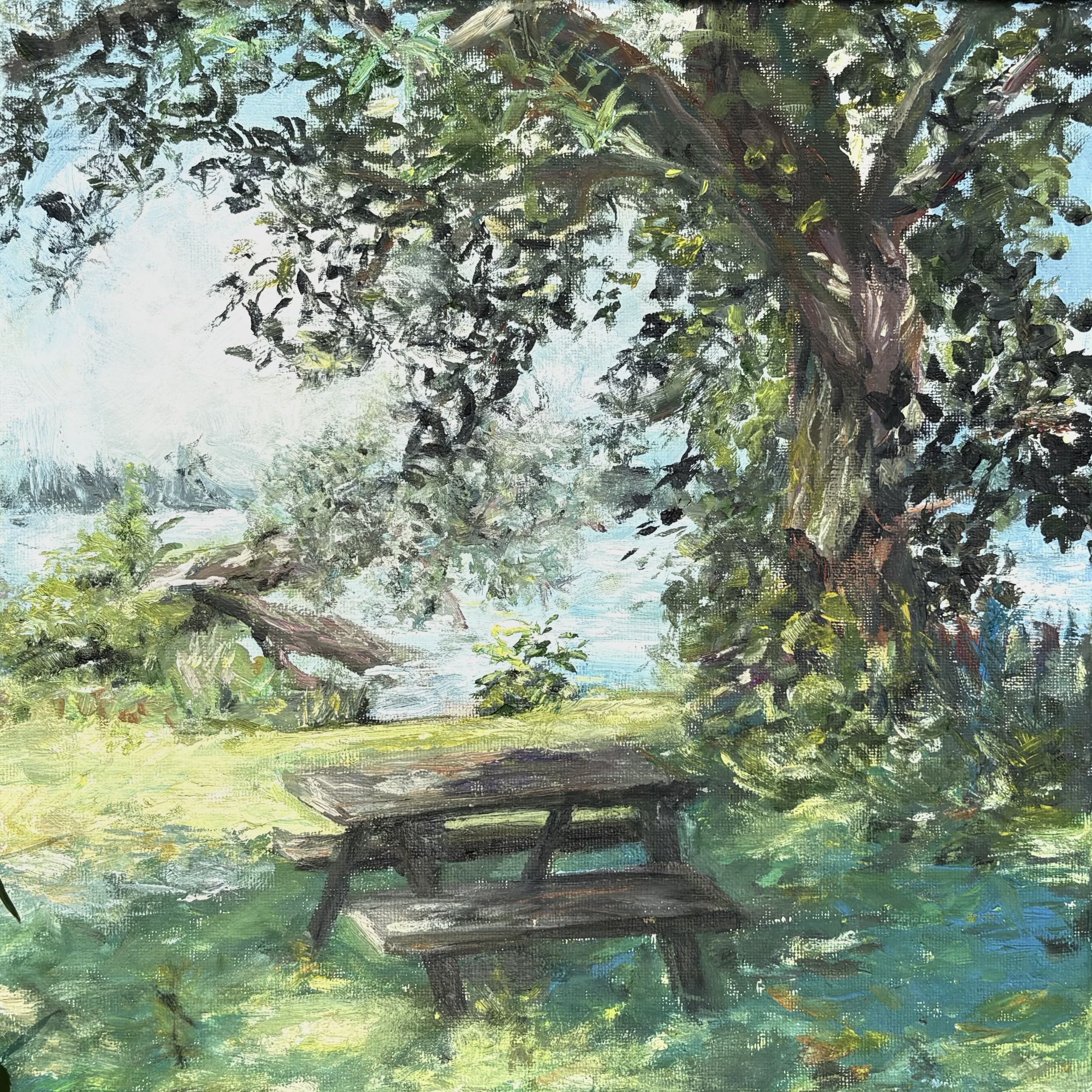 Plein air oil painting done on Byng Island Conservation of Dunville, Ontario that features a bench and tree canopy next to the lake.
