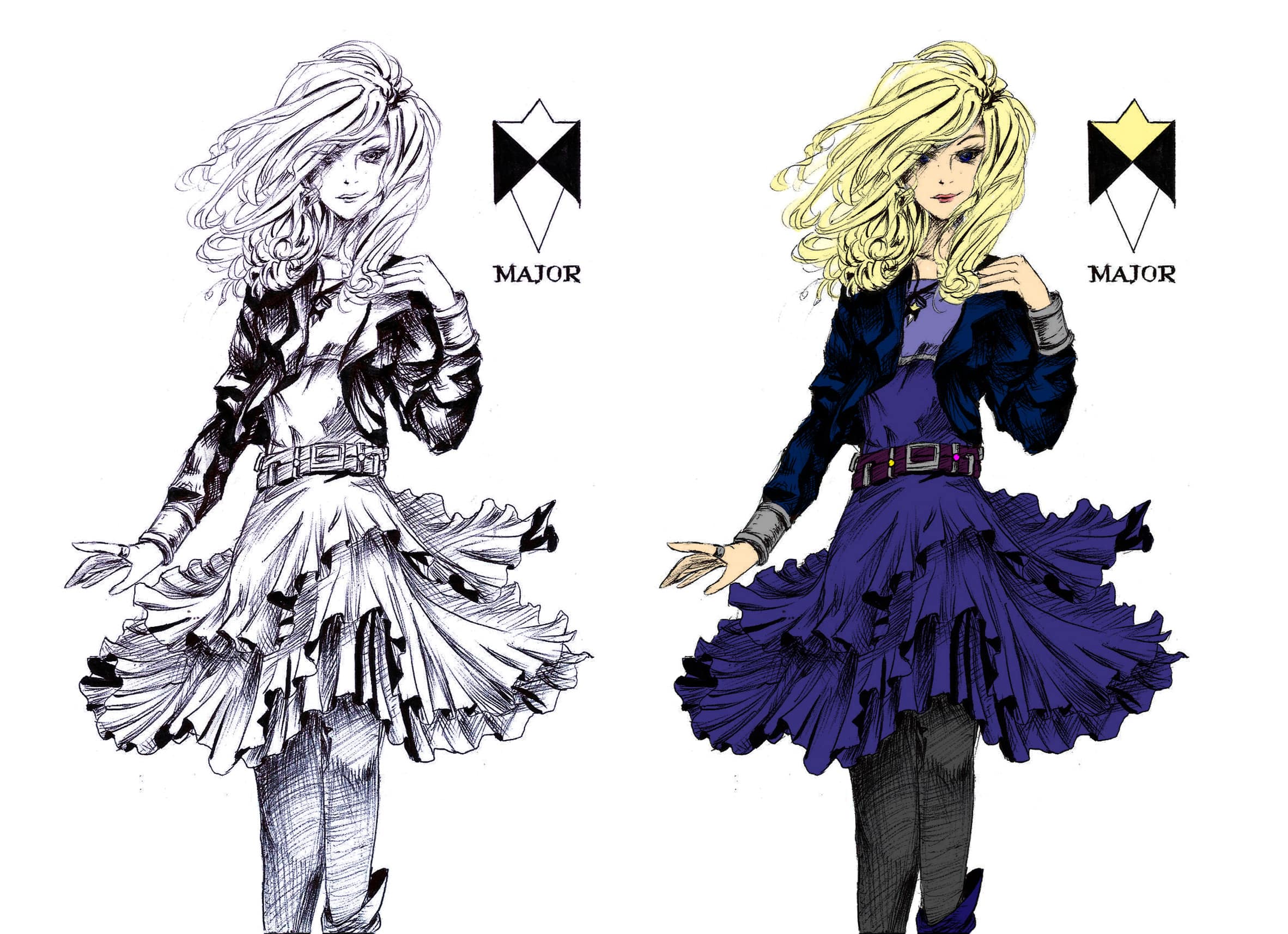 Original manga-style ballpoint pen sketch of a teen girl in a blazer and frilly skirt.