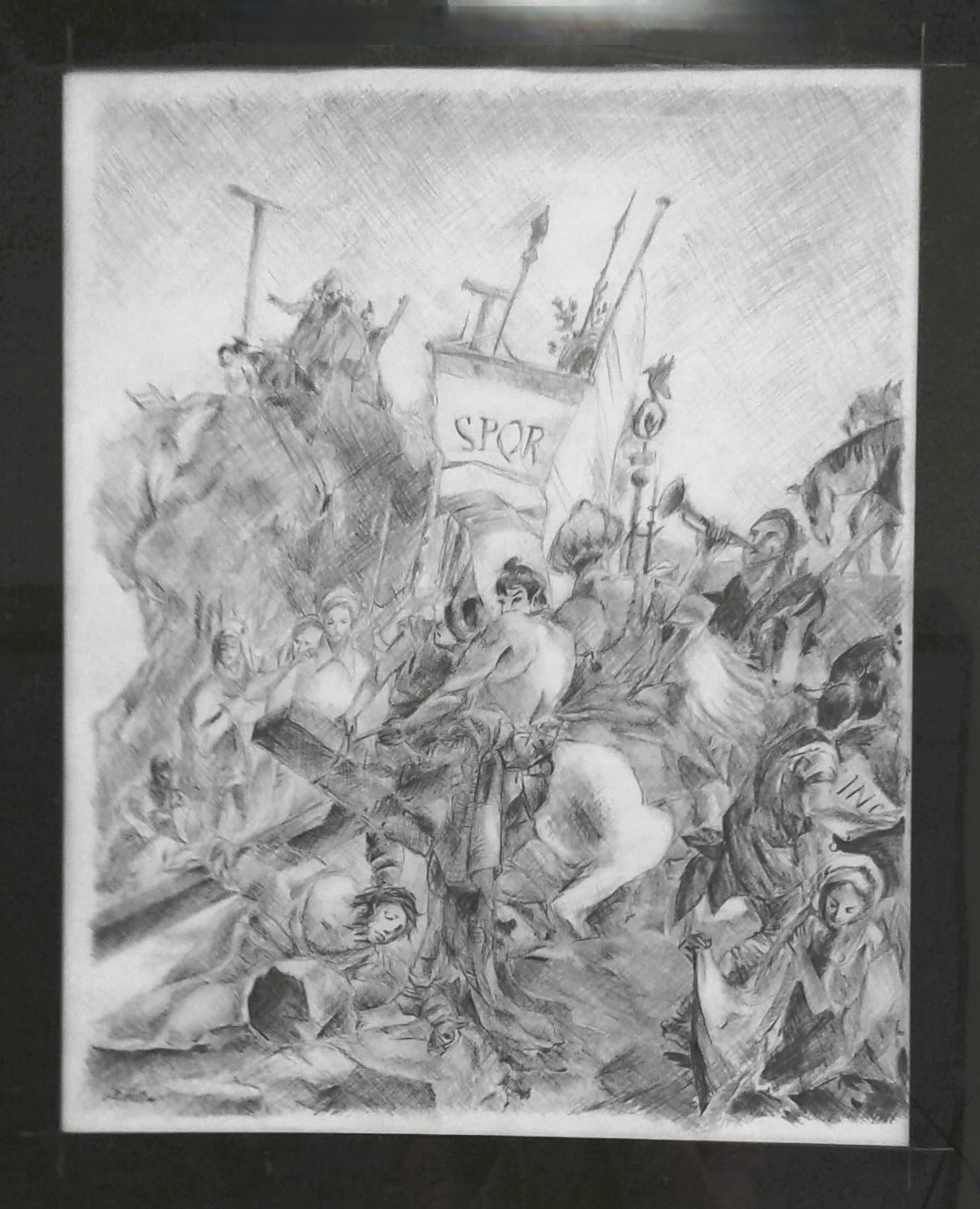 Reference-inspired maximal drawing depicting the scene of Jesus carrying the cross thronged by crowds.