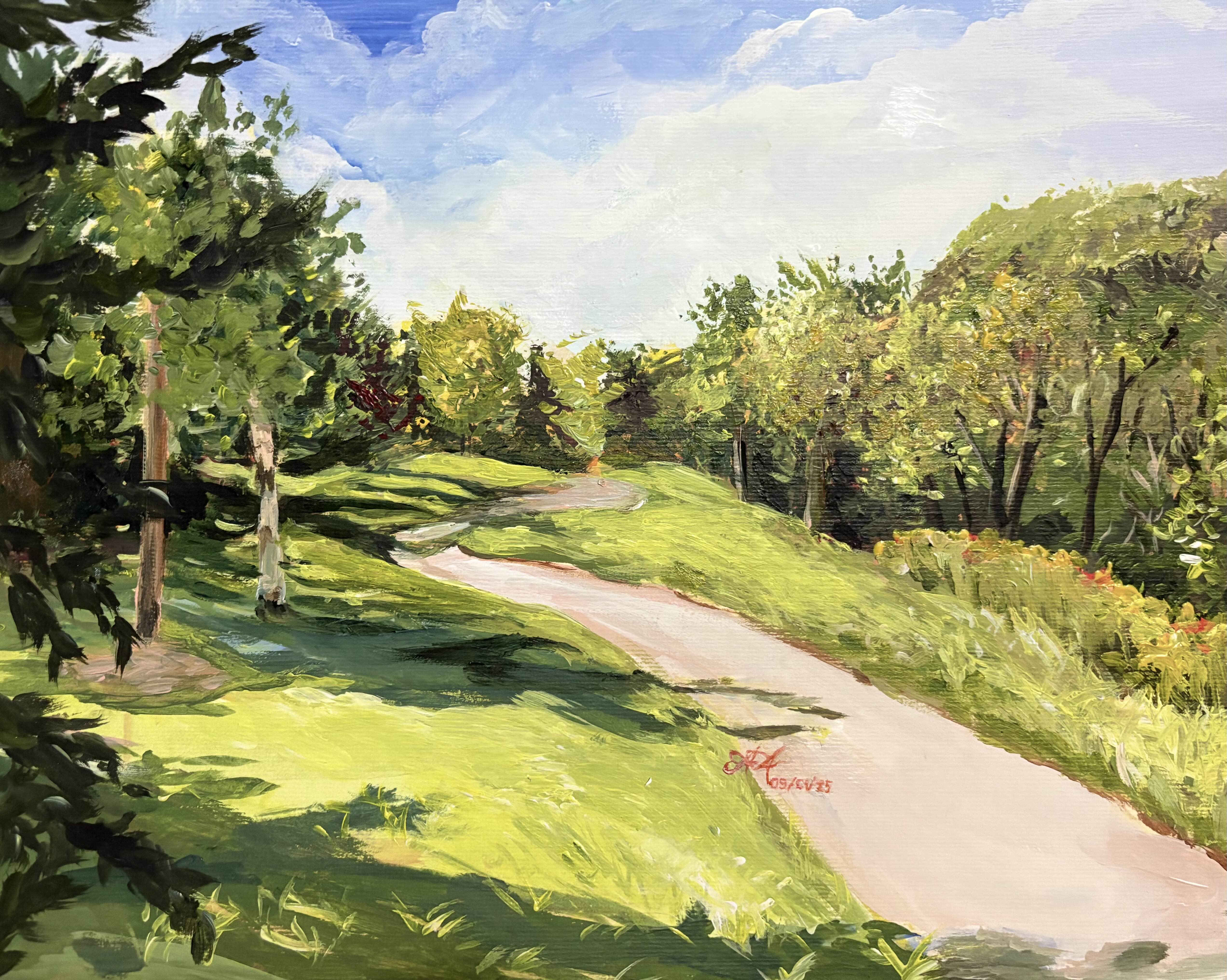 Plein air acrylic painting done on North Agincourt Park of Scarborough, Ontario displaying a concrete pathway along grass surrounded by diverse summer trees.