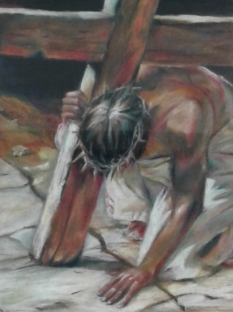 A depiction of Christ carrying the cross, with head bowed and crown of thorns.