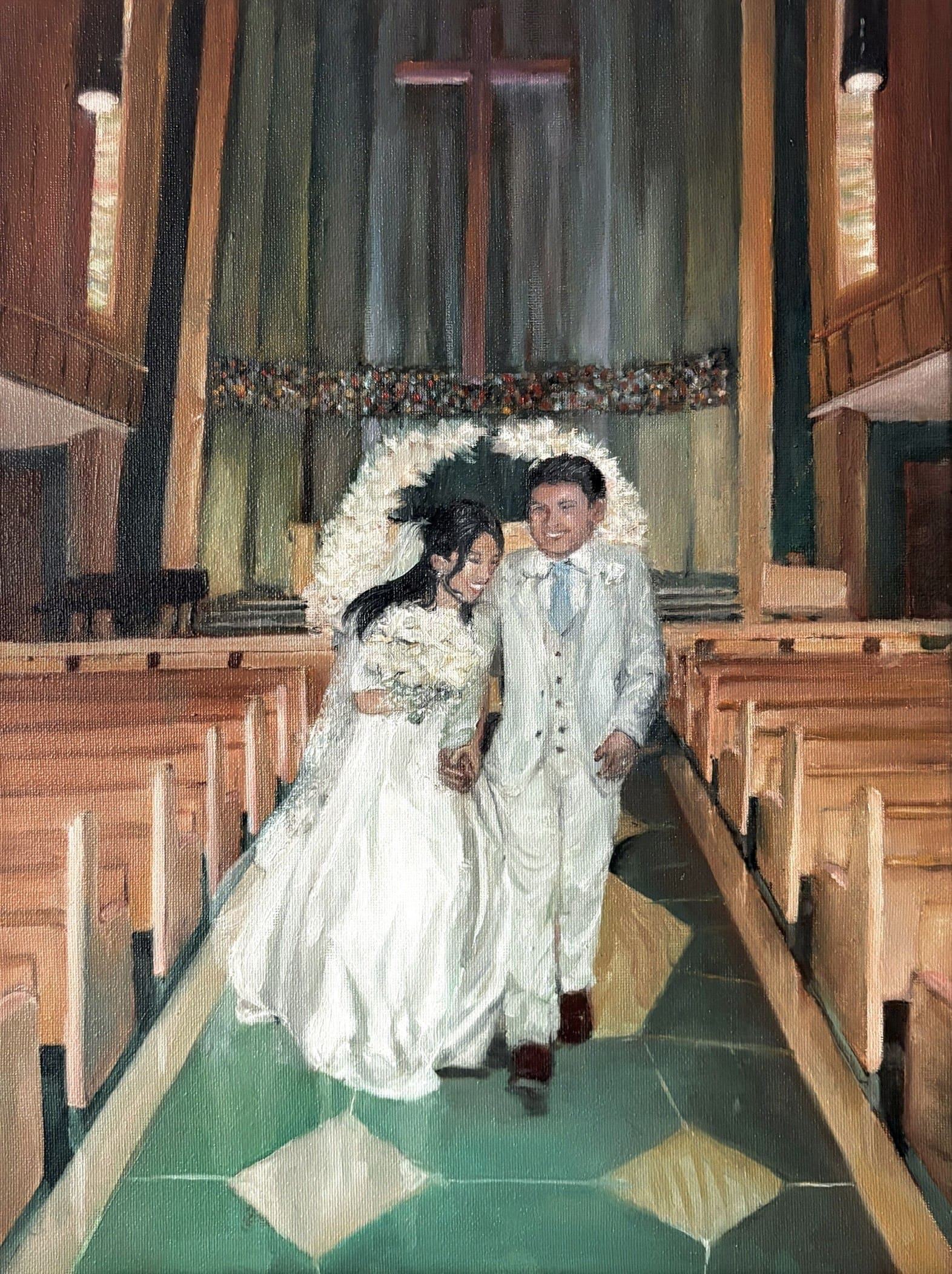 Oil painting of a couple's wedding in a chapel setting.