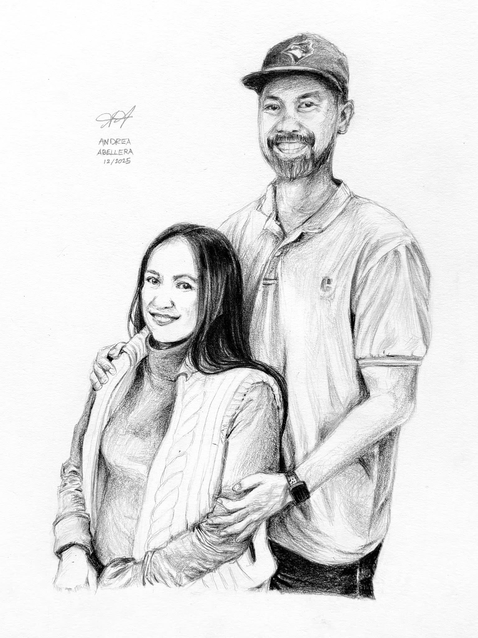 Half-body graphite drawing of a couple. One of thirteen commissioned portraits for a Christmas gift.