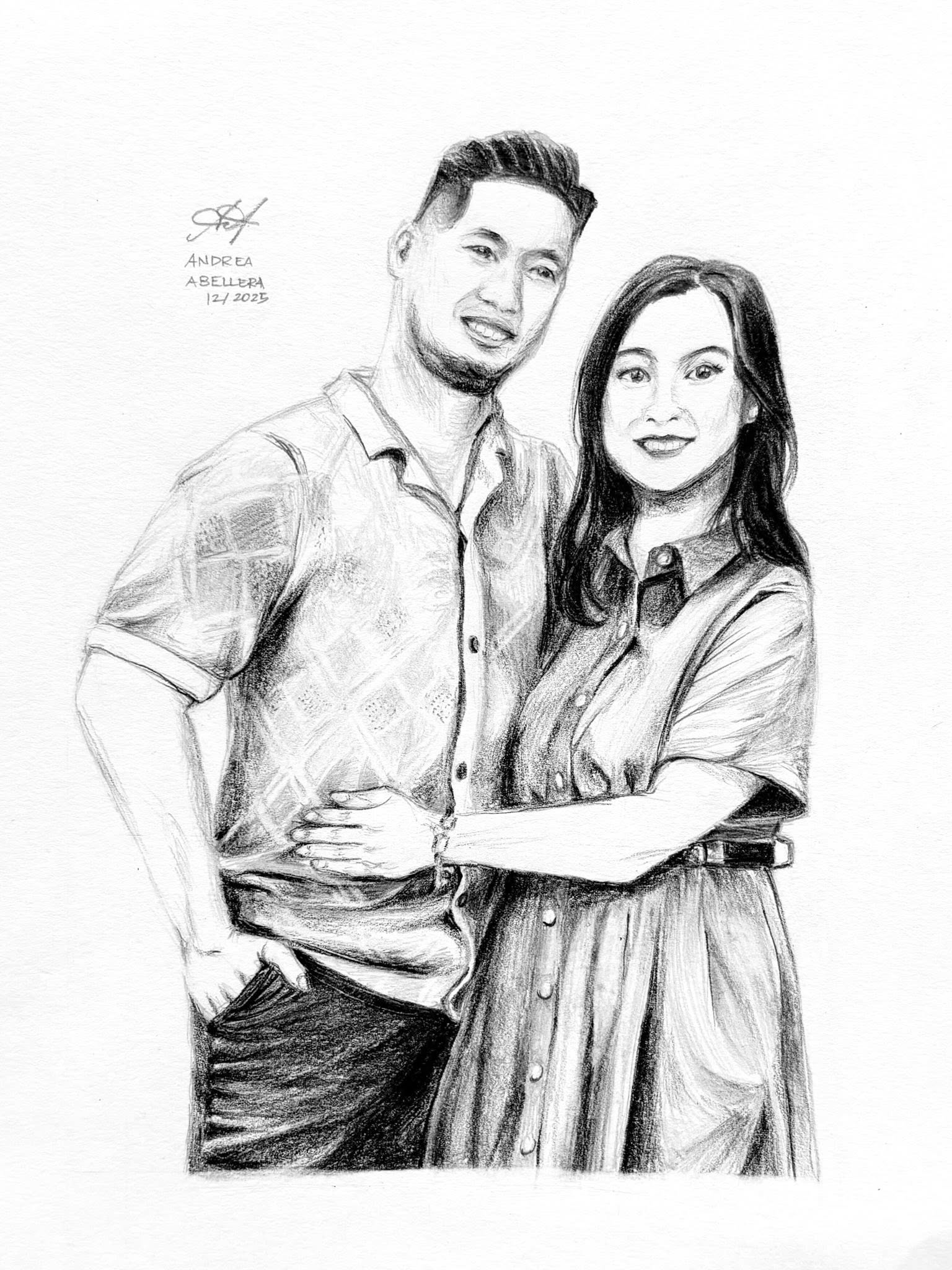 Half-body graphite drawing of a couple. One of thirteen commissioned portraits for a Christmas gift.
