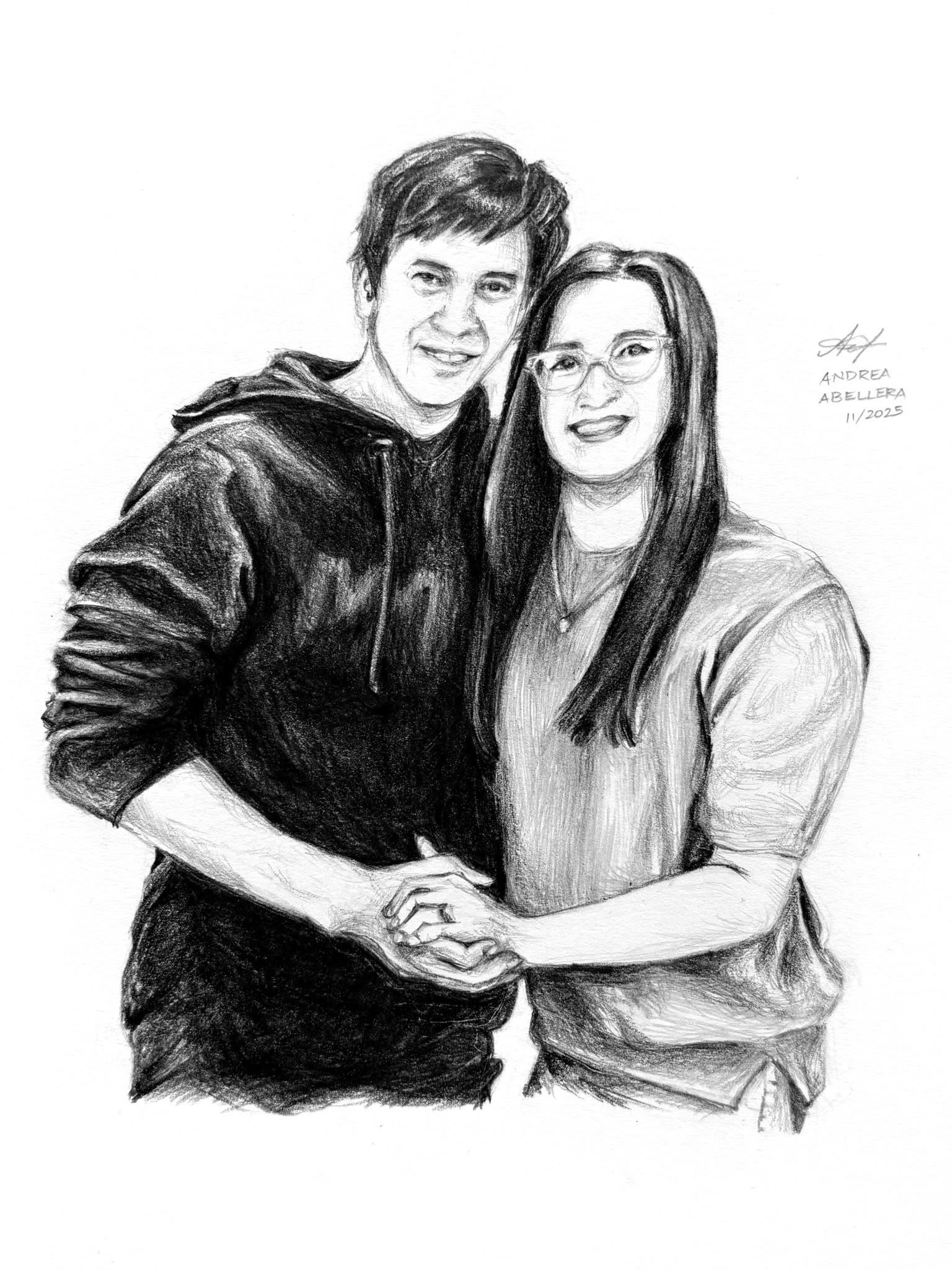 Half-body graphite drawing of a couple. One of thirteen commissioned portraits for a Christmas gift.