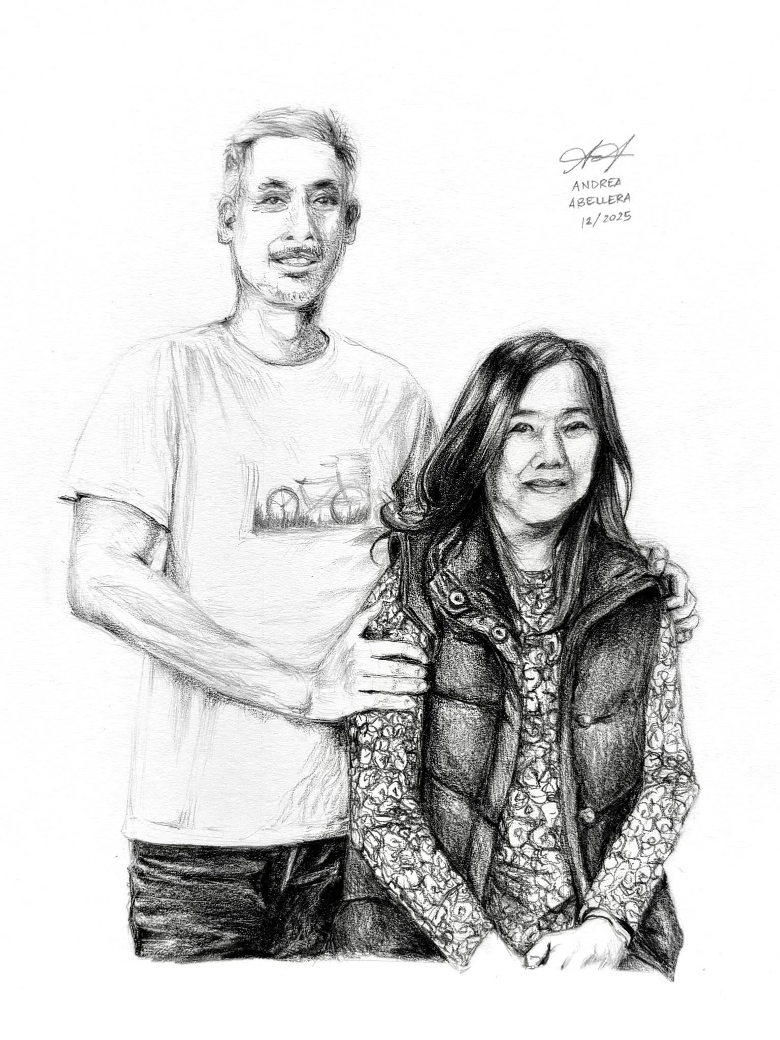 Half-body graphite drawing of a couple. One of thirteen commissioned portraits for a Christmas gift.