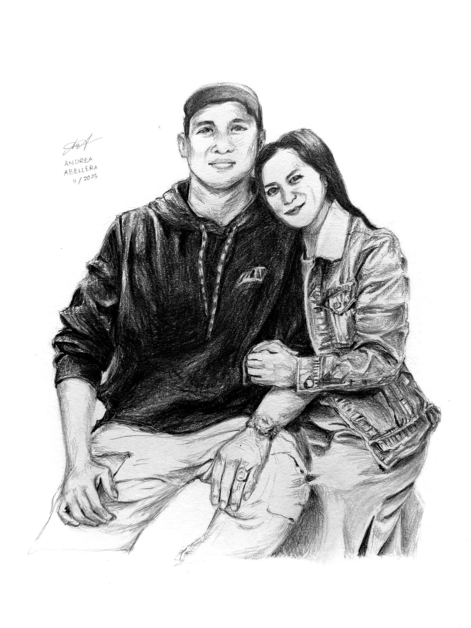 Half-body graphite drawing of a couple. One of thirteen commissioned portraits for a Christmas gift.
