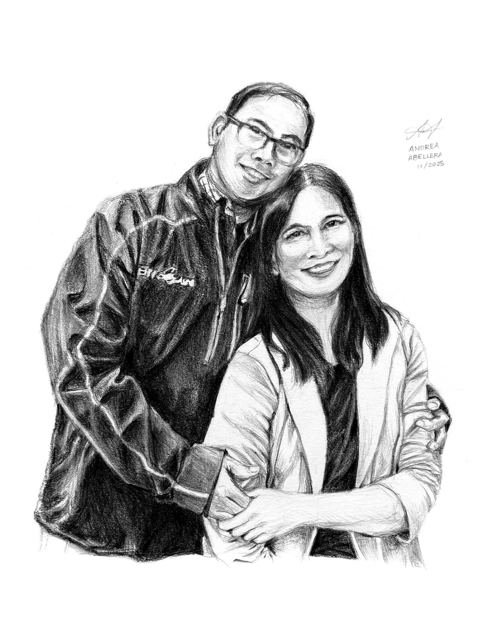 Half-body graphite drawing of a couple. One of thirteen commissioned portraits for a Christmas gift.