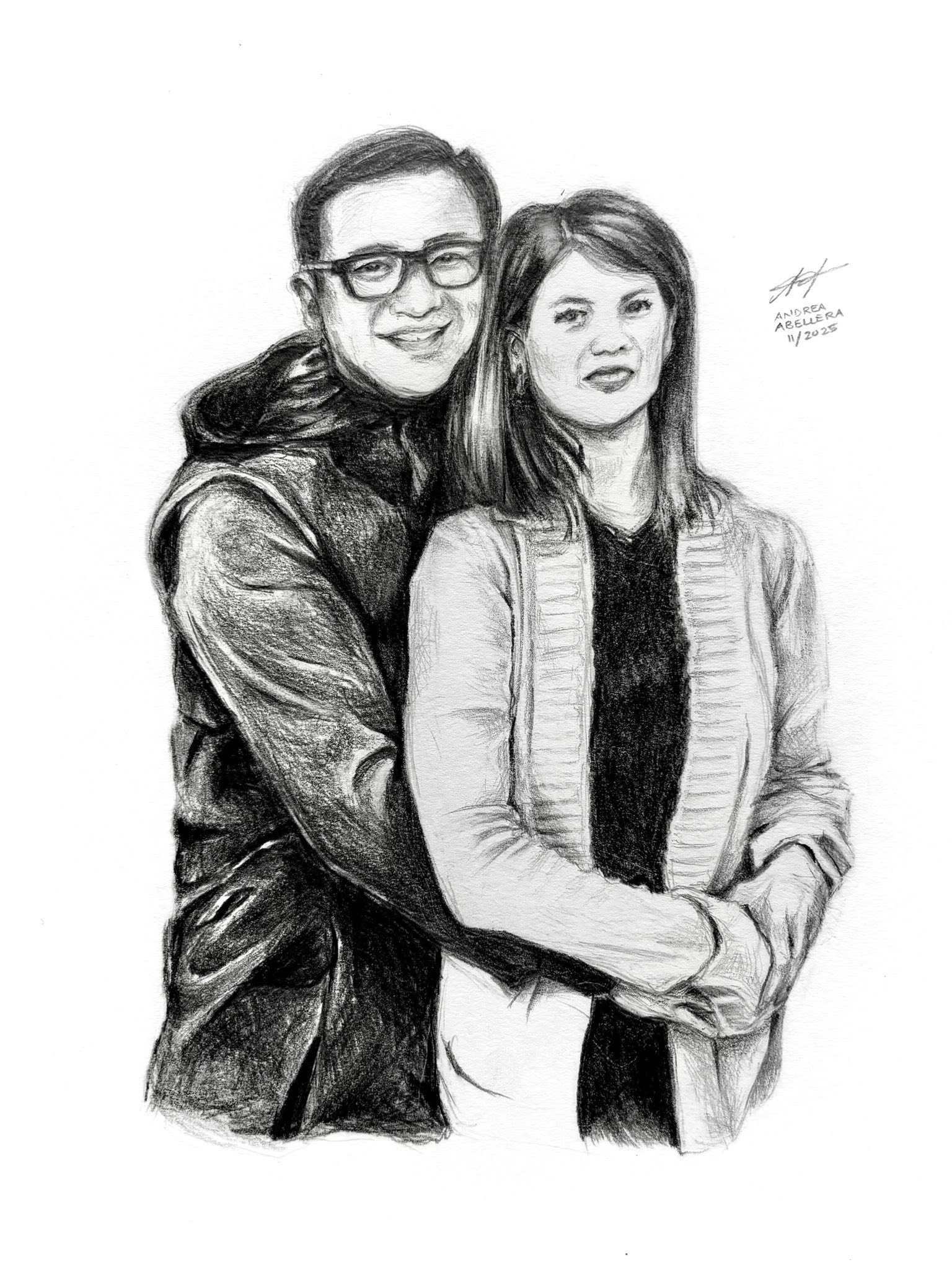 Half-body graphite drawing of a couple. One of thirteen commissioned portraits for a Christmas gift.