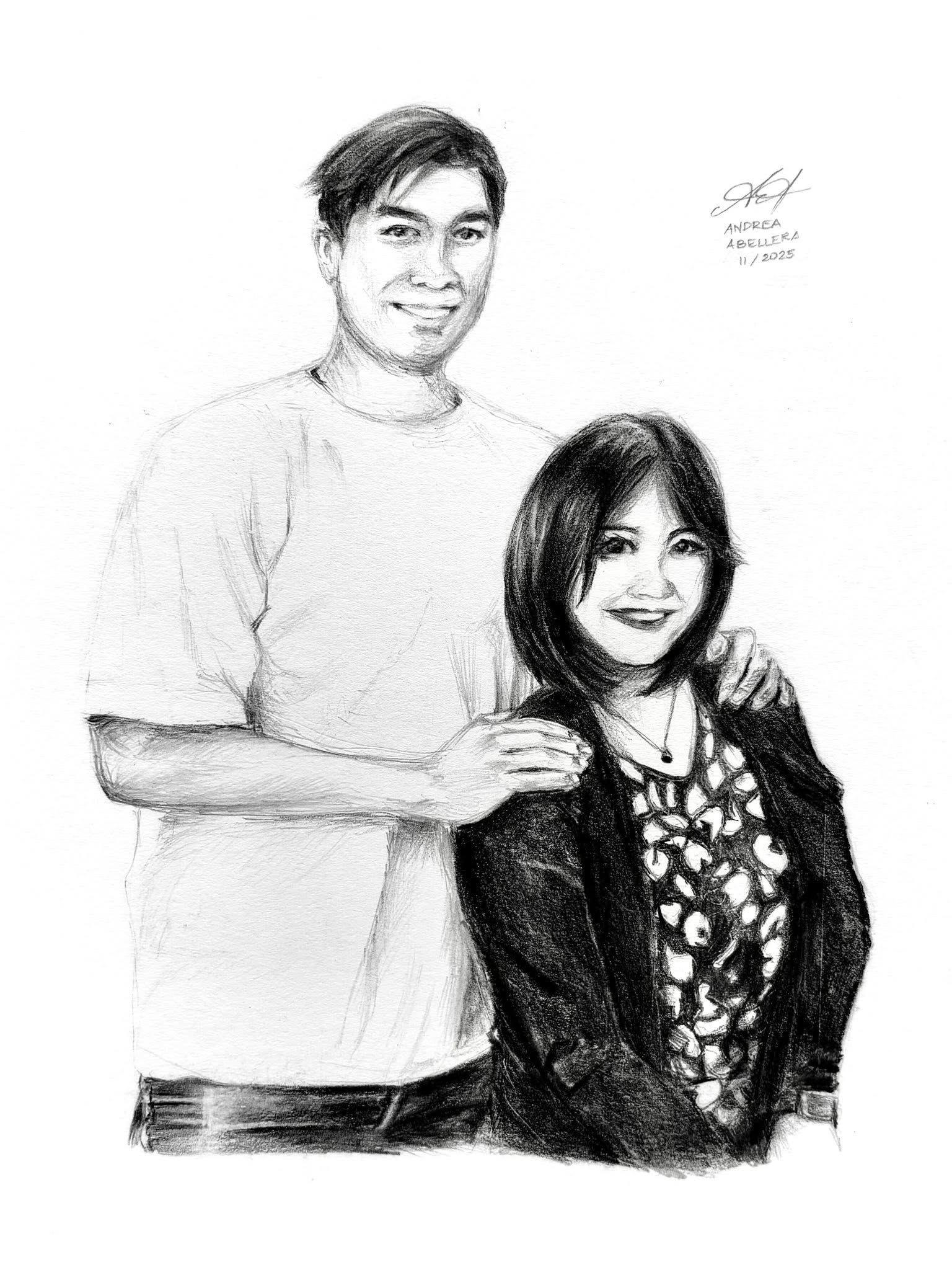 Half-body graphite drawing of a couple. One of thirteen commissioned portraits for a Christmas gift.
