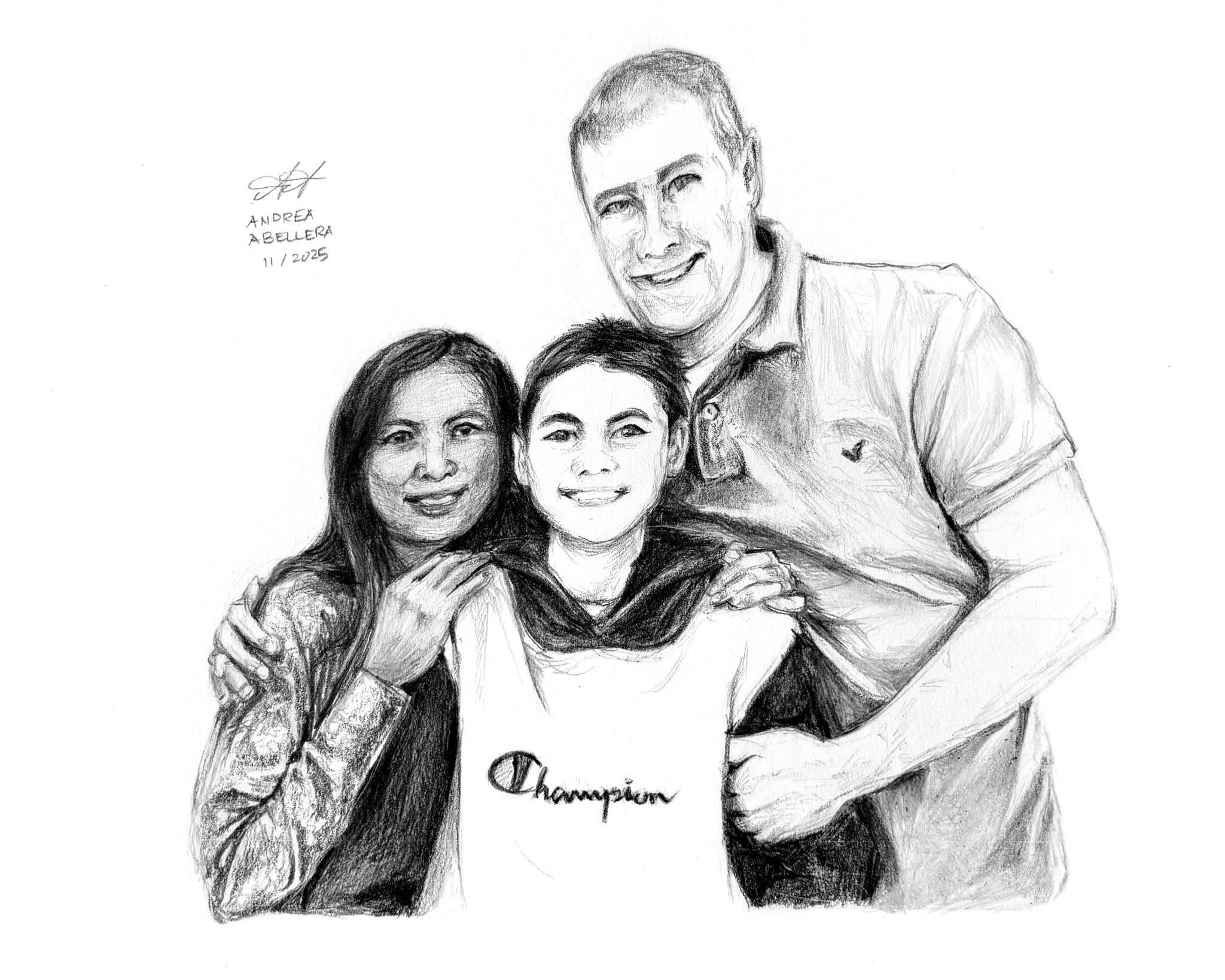 Half-body graphite drawing of a mother, father and son. One of thirteen commissioned portraits for a Christmas gift.