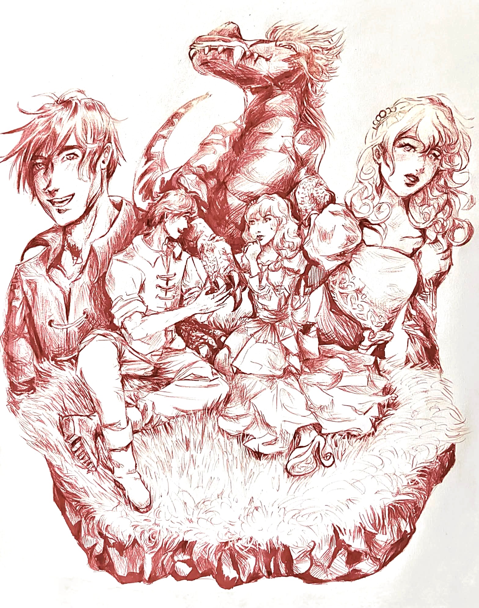 Red ballpoint ink drawing of a lad, lady, and a raptor.