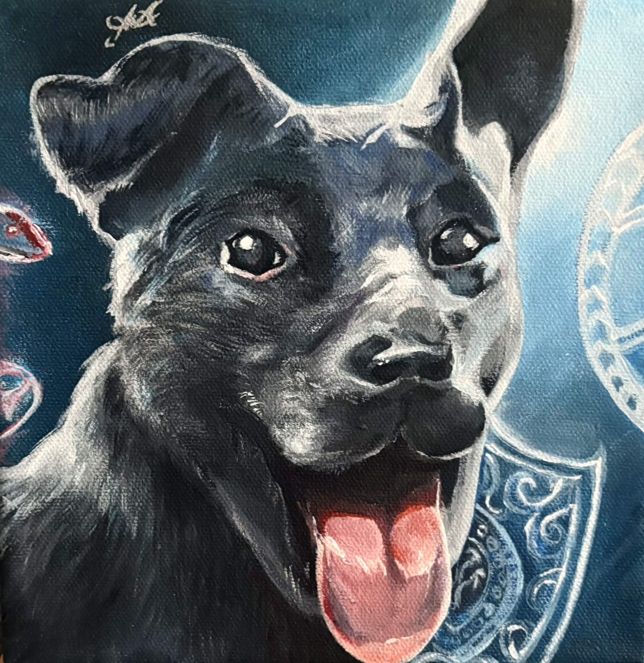 Statement painting of a loyal dog looking up with hopefulness.