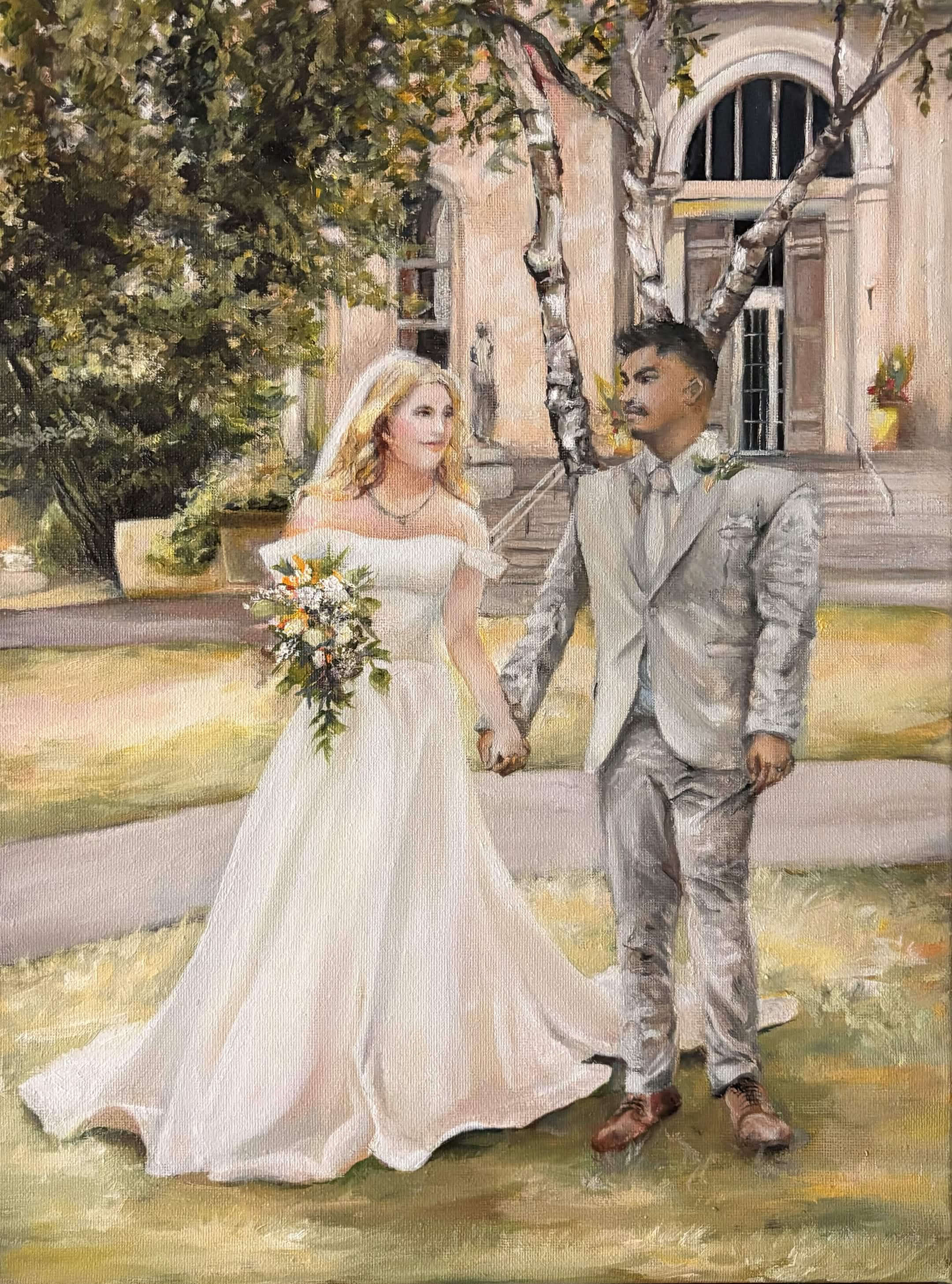 Oil painting of a couple's wedding in a garden exterior setting.
