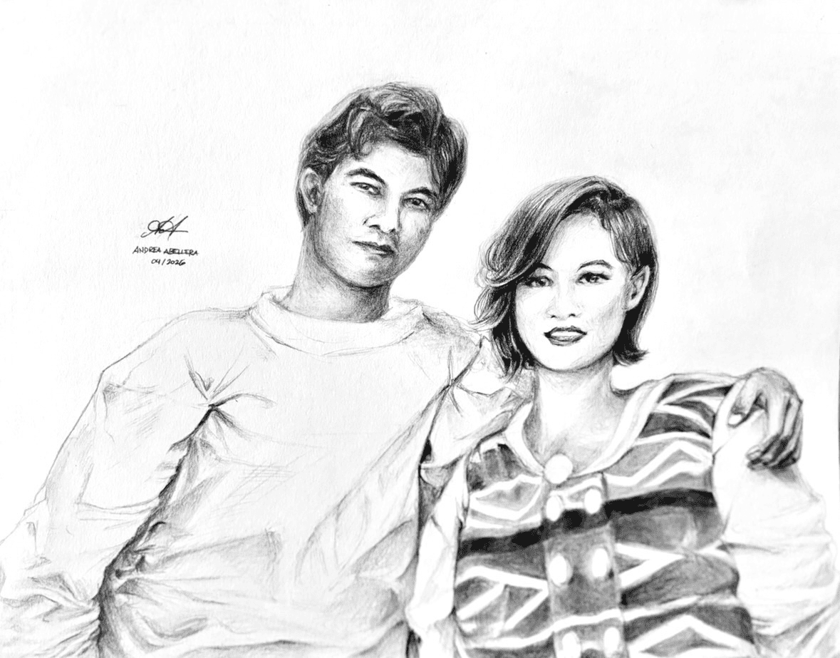 Half-body graphite drawing of a couple.