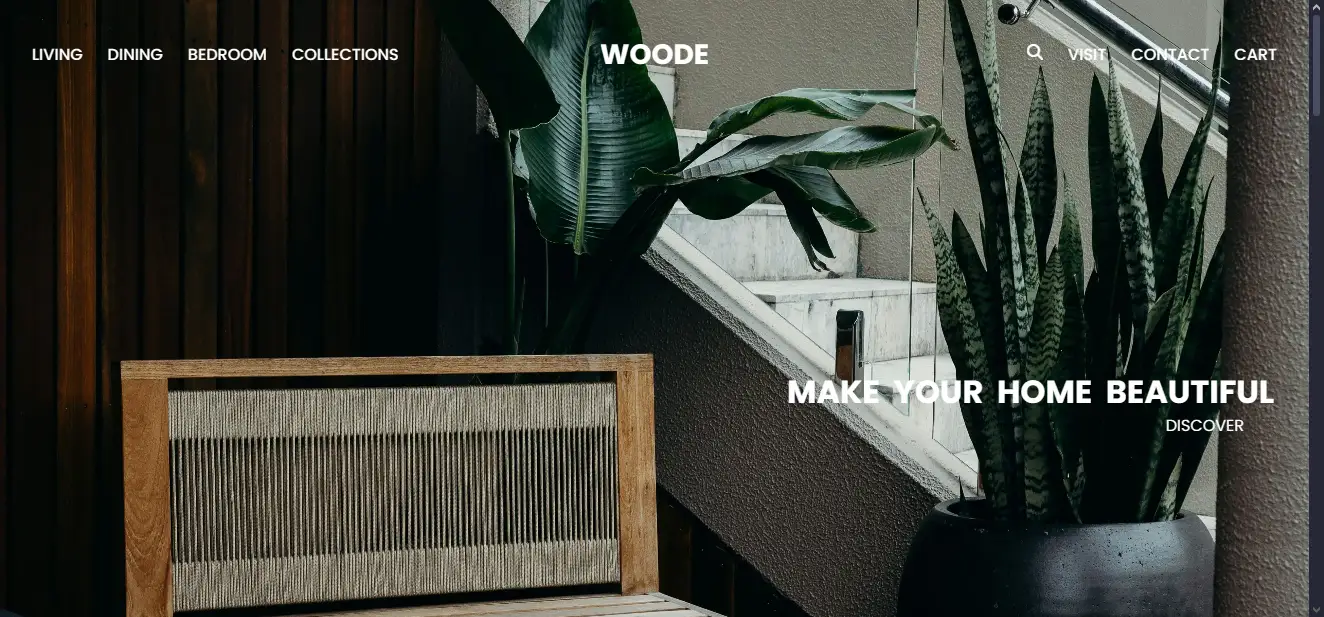 Minimalist furniture website design for Woode, showcasing clean lines and warm wooden textures.