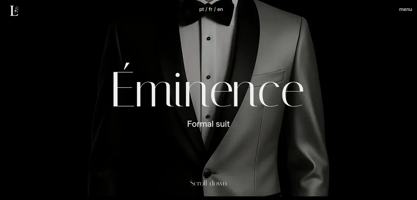 A dramatic hero display of a tuxedo jacket, sculpted by chiaroscuro lighting that splits the form between metallic grey and deep shadow. The title 'Éminence' centers the composition in elegant serif typography, evoking a sense of sartorial mystery and formal precision.